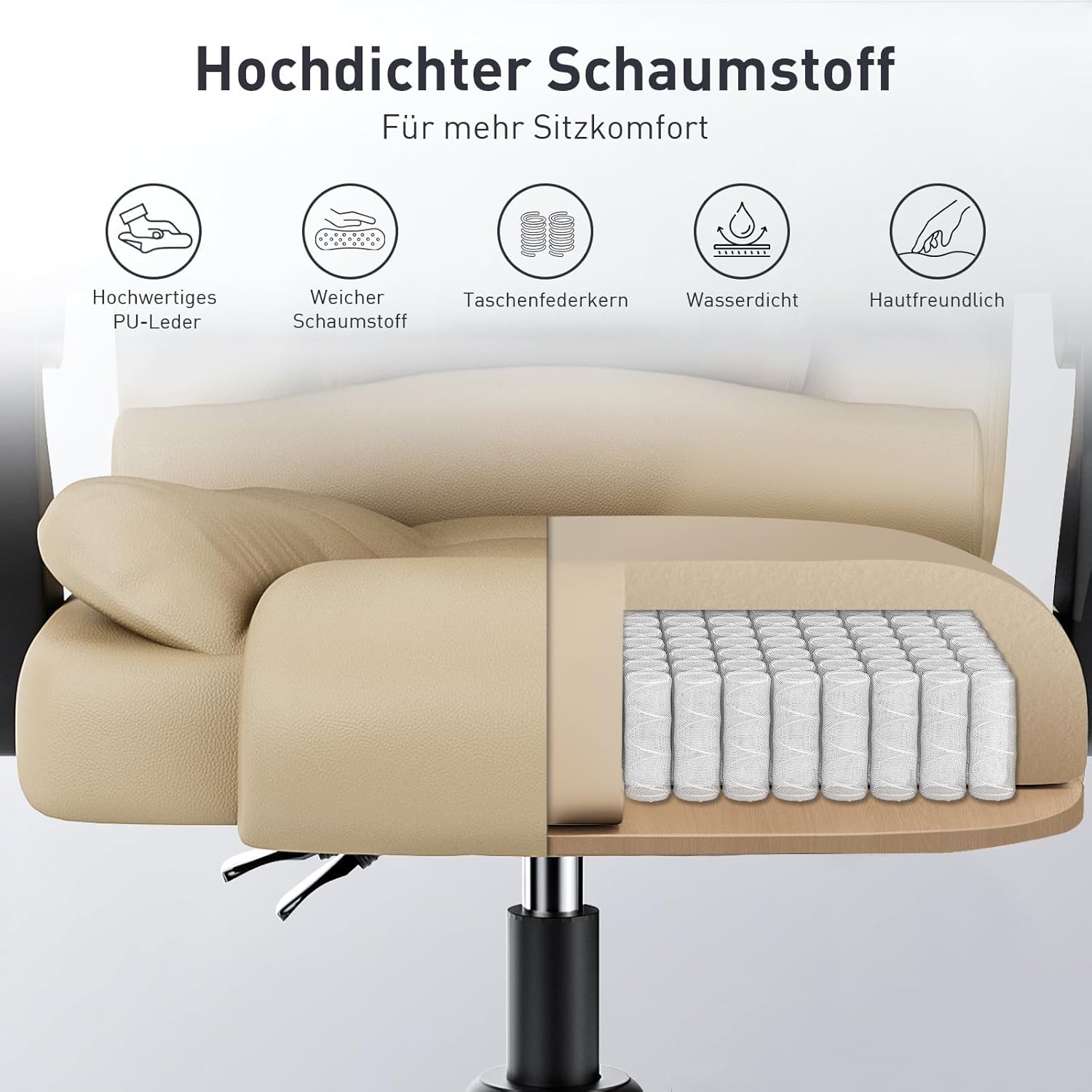 rattantree Bürostuhl Chefsessel Ergonomisch, PU-Leder Bürosessel Khaki | Chefsessel 150kg Hochlehner mit Federkern-Sitz, Höhenverstellbarer Drehstuhl mit Wippfunktion, Gepolsterte Armlehnen