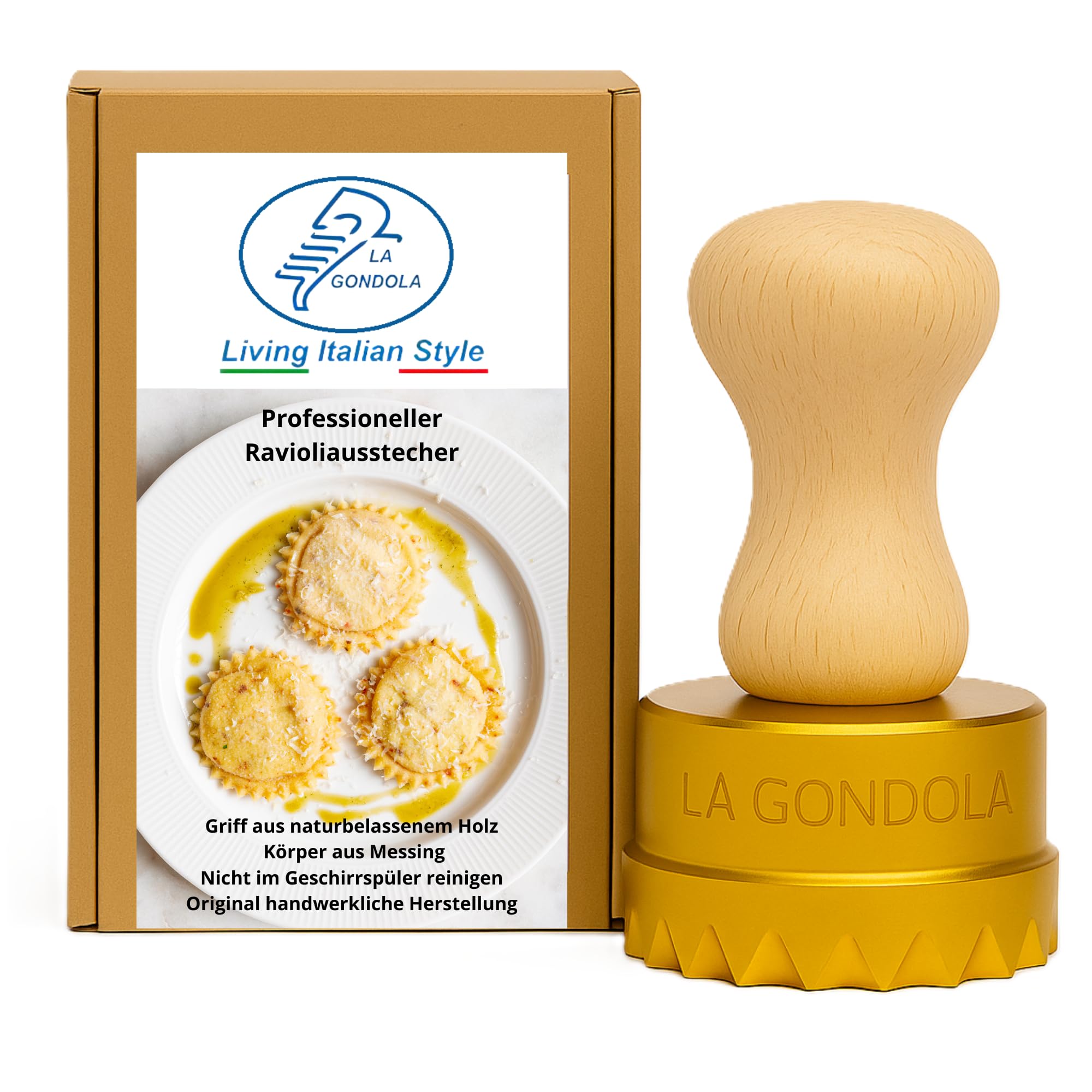 La Gondola Ravioli-Stempel - Rund Gewellt 65mm | Italienisches Pasta-Werkzeug für Zuhause und gewerbliche Küche | Messing & Naturholz Einfach zu verwenden | Tortellini Ravioli Ausstecher Made in Italy