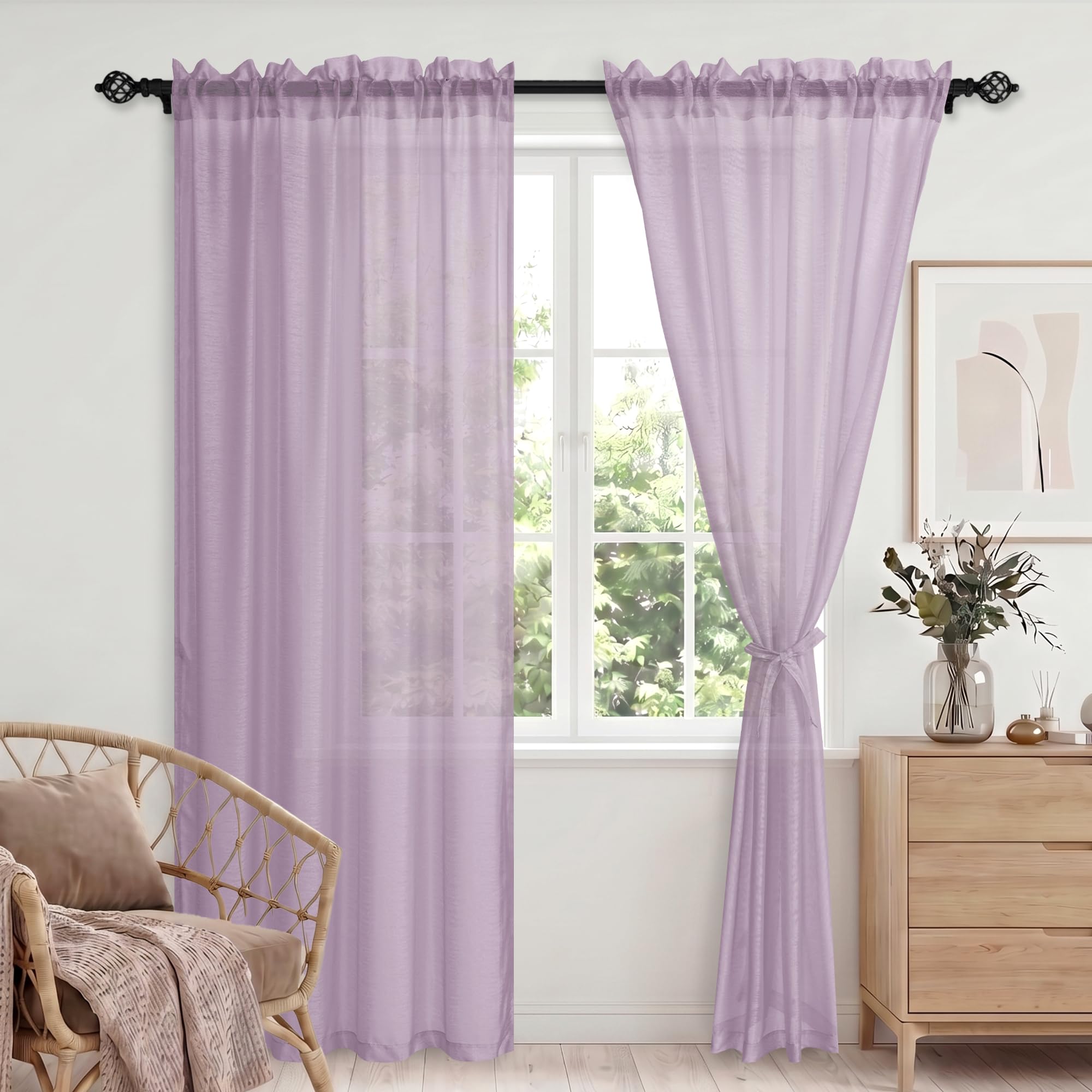 DWCN Light Filtering Net Curtains Rod Pocket with Tiebacks, Purple Voile Curtain Lightweight for Kitchen Cafe, Living Room Decorative Sunset Purple Semi Transparent Sheer Curtains 56x81 Inch 2 Panels