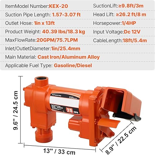 Miniatura 7 de VEVOR Kit de bomba de transferencia de combustible diésel, 10 GPM 12V CC, kit de bomba extractora de transferencia de combustible eléctrica portátil