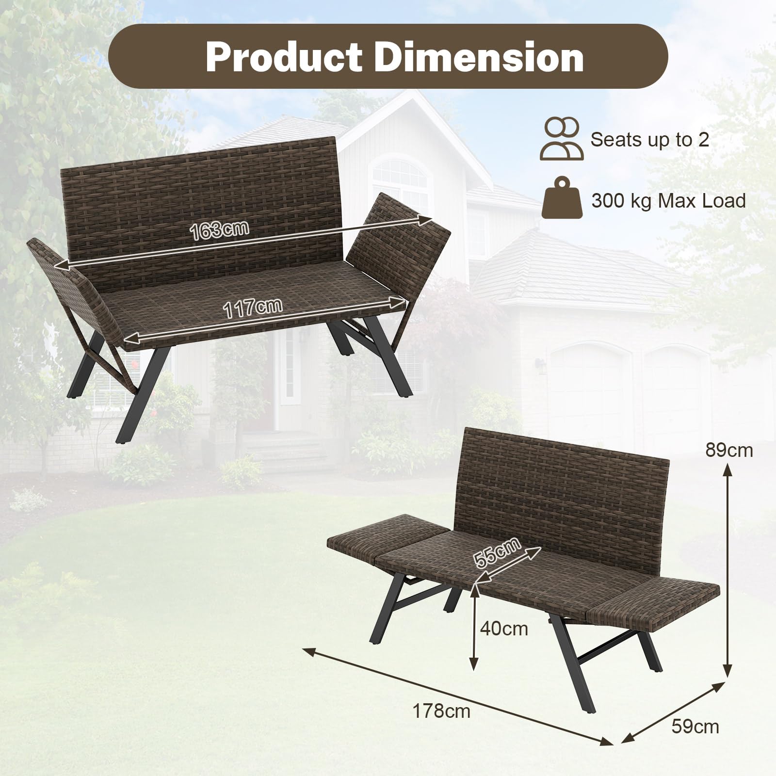 GIANTEX Divano da giardino in rattan a 2 posti, panca convertibile da esterno con braccioli regolabili, design intrecciato, lunghezza 163-178 cm, carico 300 kg, lettino da giardino per terrazza