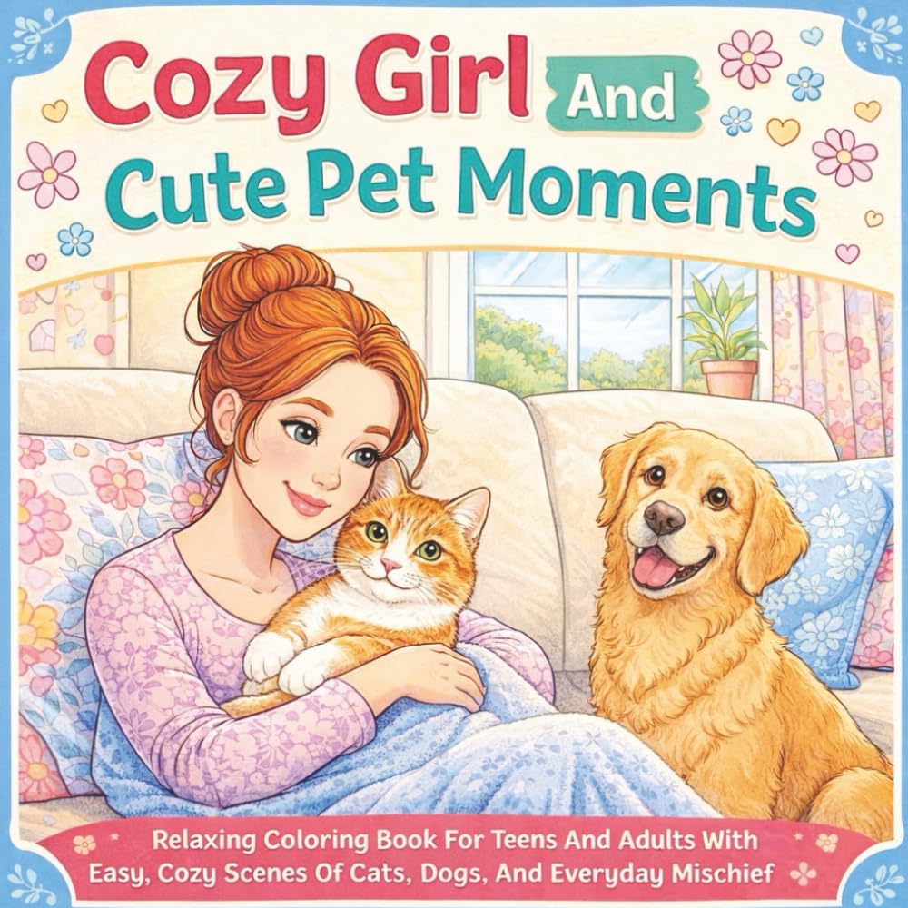 Cozy Girl And Cute Pet Moments: Relaxing Coloring Book For Teens And Adults With Easy, Cozy Scenes Of Cats, Dogs, And Everyday Mischief