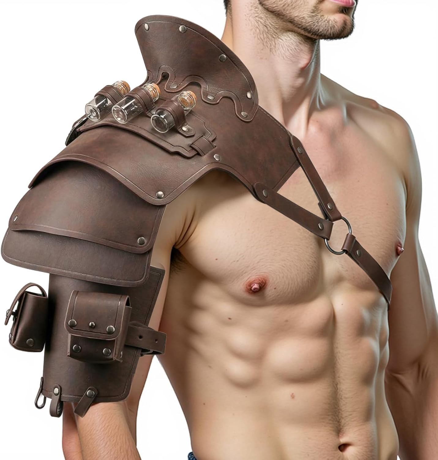 Shoulder Armor Pauldron Vial Witch Belt Pouch Waist Bag Retro Bracer Medieval Knight Robot Renaissance Cosplay Viking Costume (Brown)