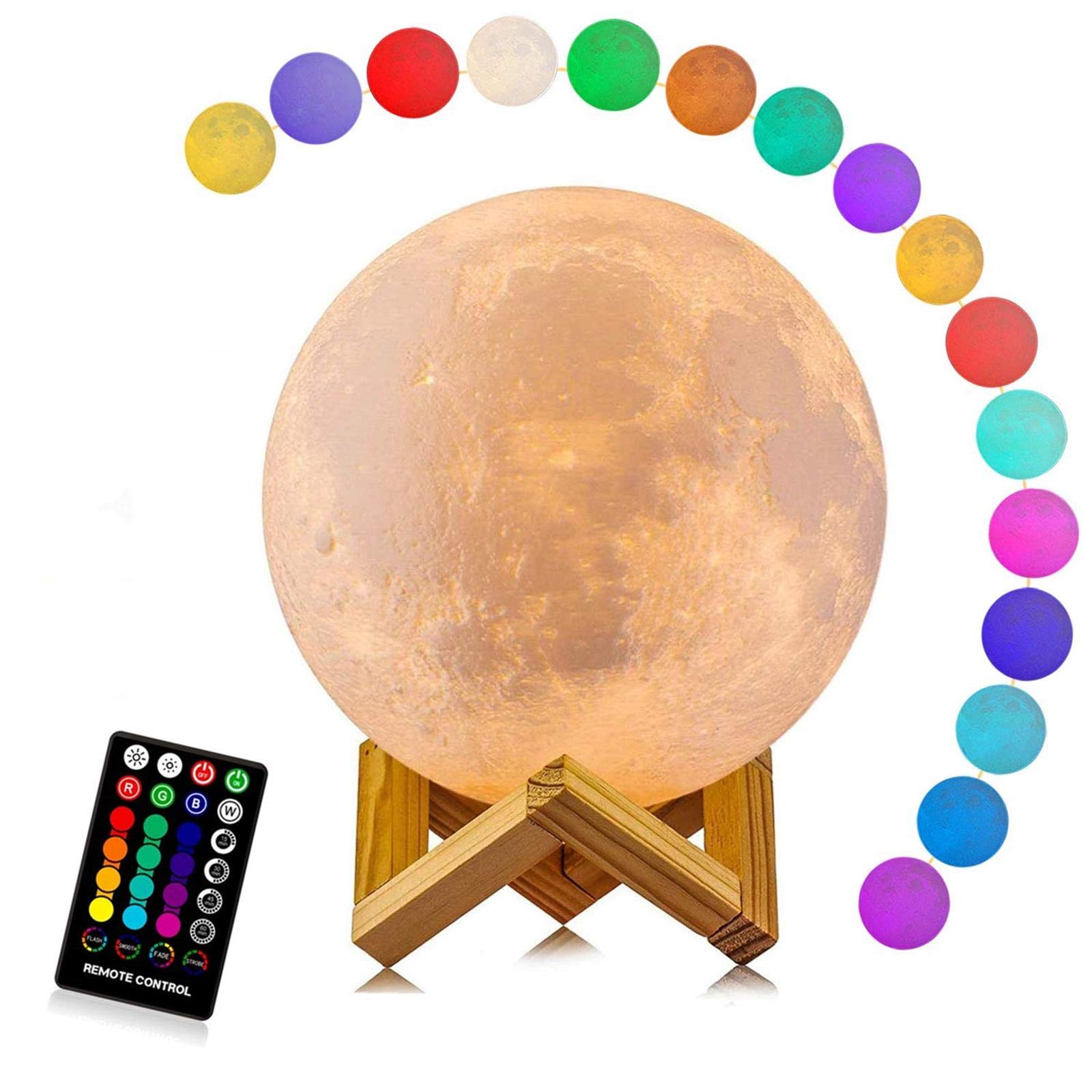 Beniky Light Moon Lamp, Dimmable Led Moon 3D Printing 16 Colors Remote & Touch Control 12Cm Night Mood With Wooden Holder For Children's Room Bedroom Cafe Bar Dining Room