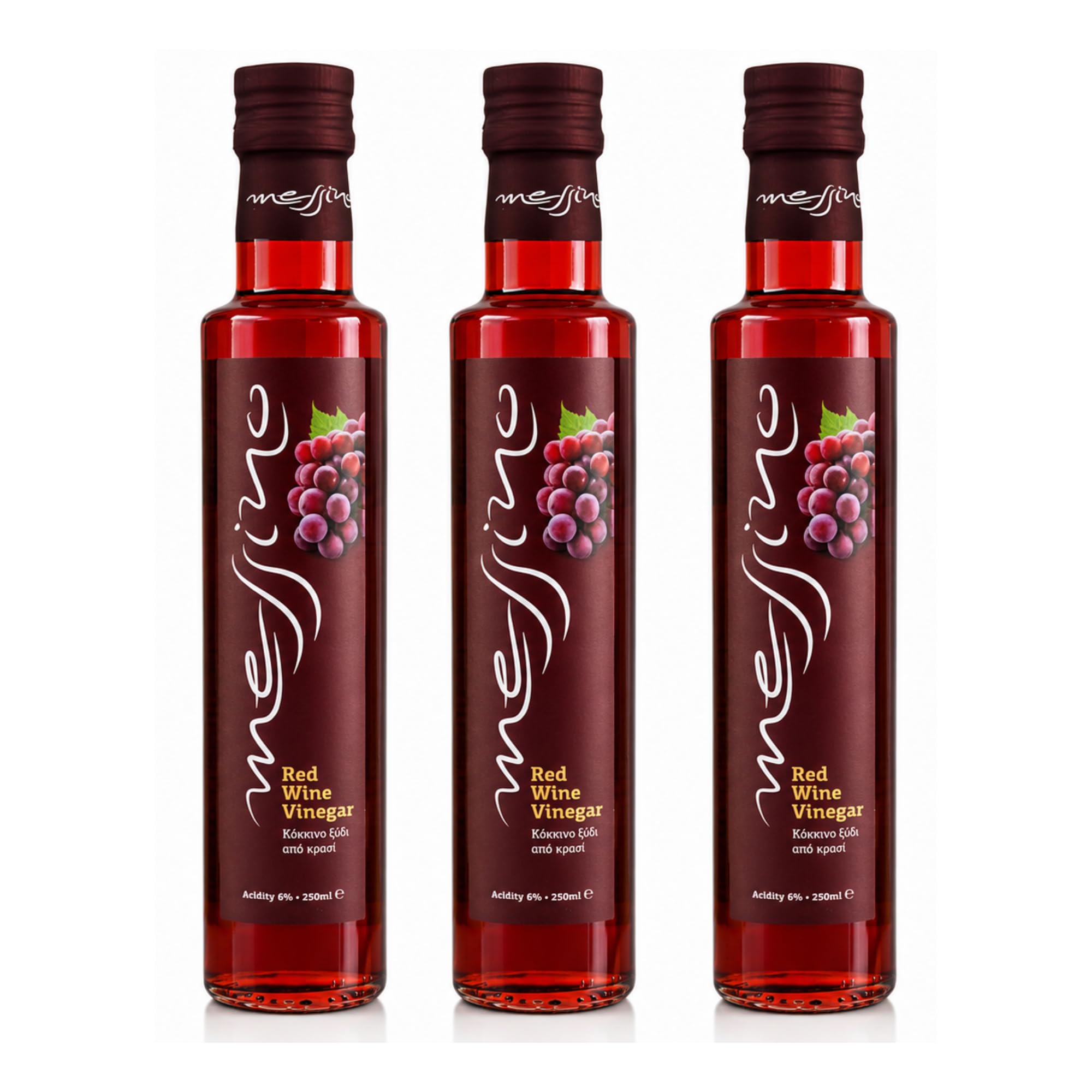 Messino Greek Red Wine Vinegar from Kalamata – 3 x 250ml Glass Bottles (Total 750ml) – No Sugar, All-Natural, Vegan – Bold Flavor for Salads, Pasta, Marinades
