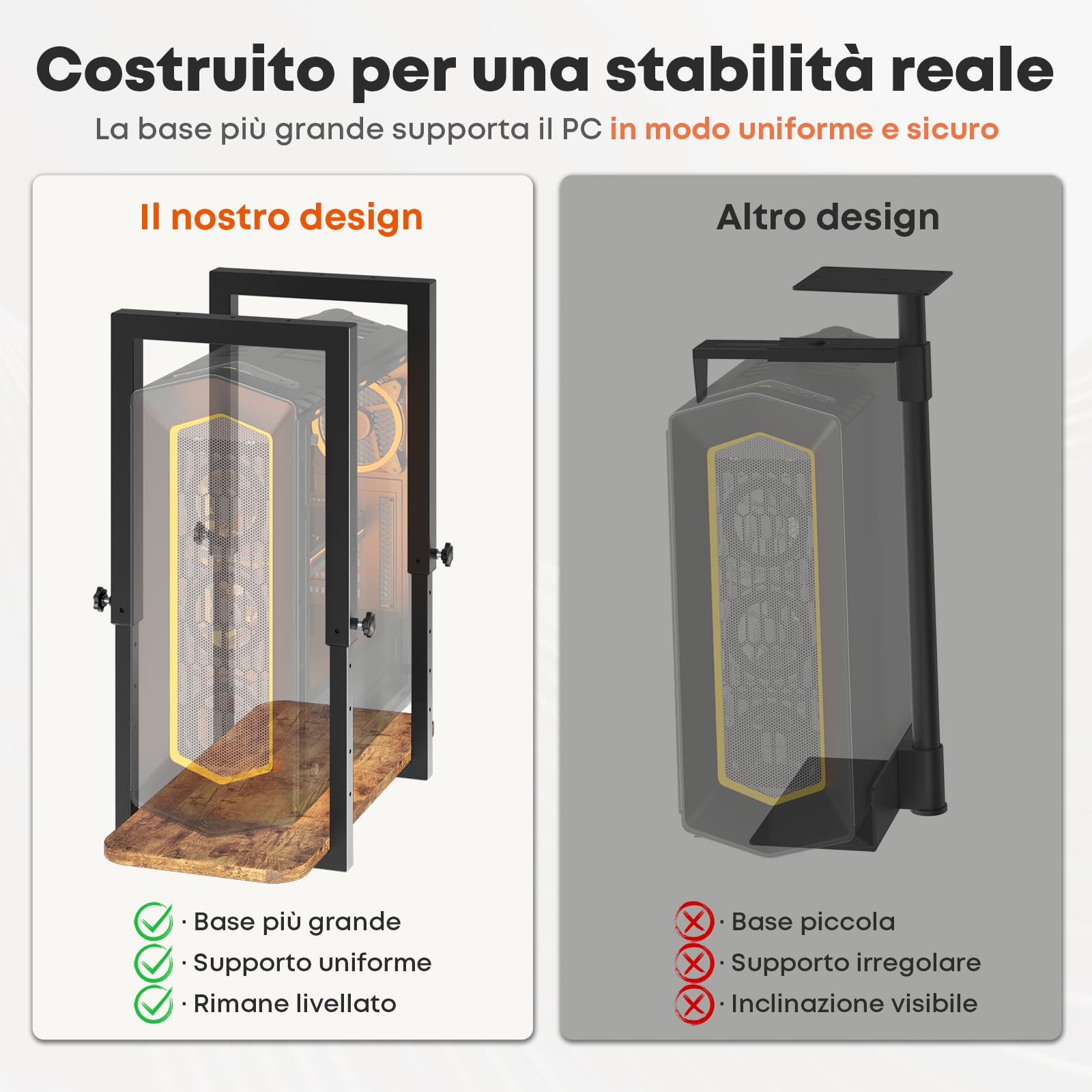 Supporto per PC resistente sotto la scrivania, regolabile in altezza sotto la scrivania, supporto CPU per PC, supporto salvaspazio da scrivania, carico massimo 29,9 kg, nero e marrone rustico