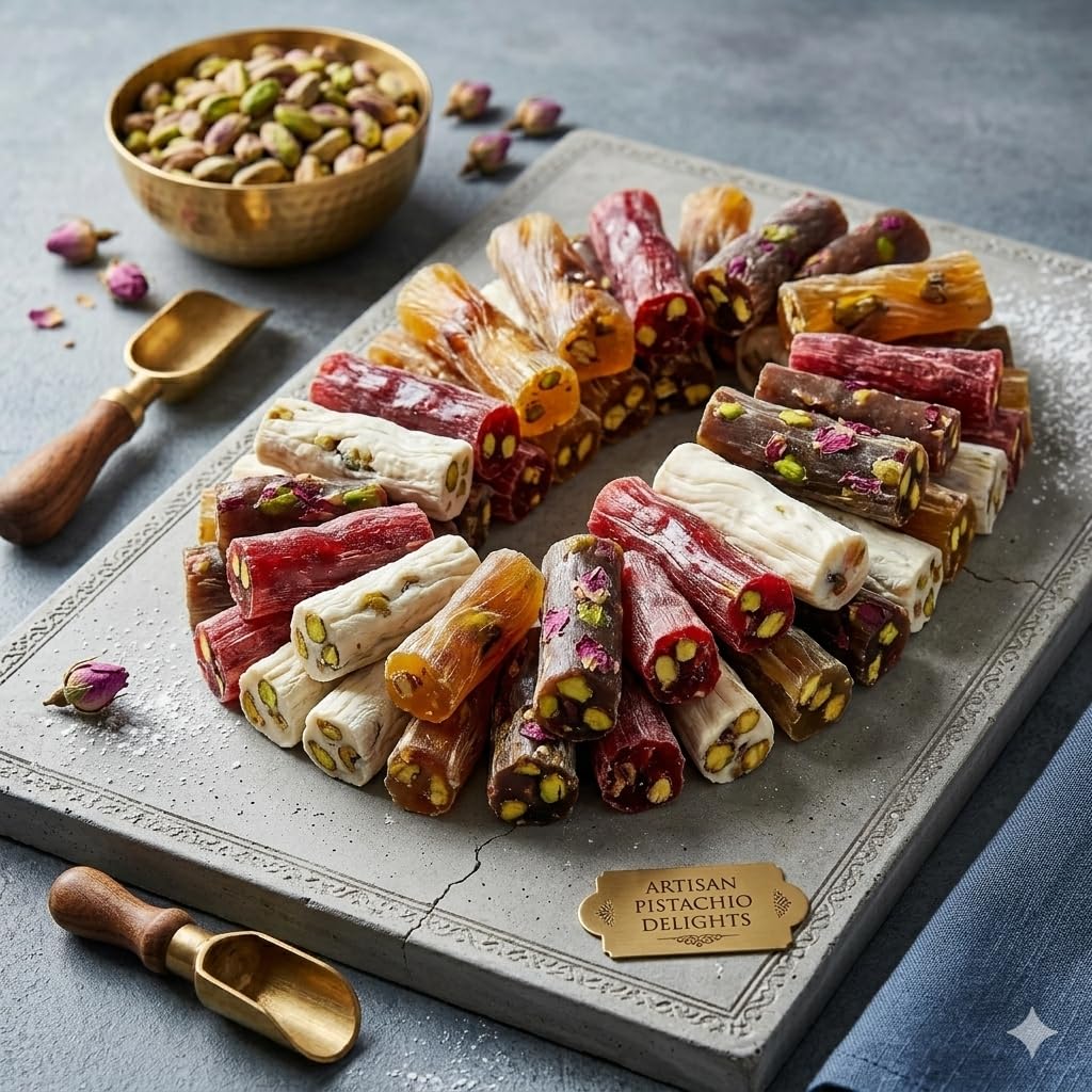 Çarşıbaşı Handmade Turkish Delight Mix – Turkish Delights Candy Sticks Pistachio Filled – Premium Gourmet Sweet Gift Box 12.3 oz (350g) | Authentic Turkish Dessert for Eid, Christmas, and Special Occasions