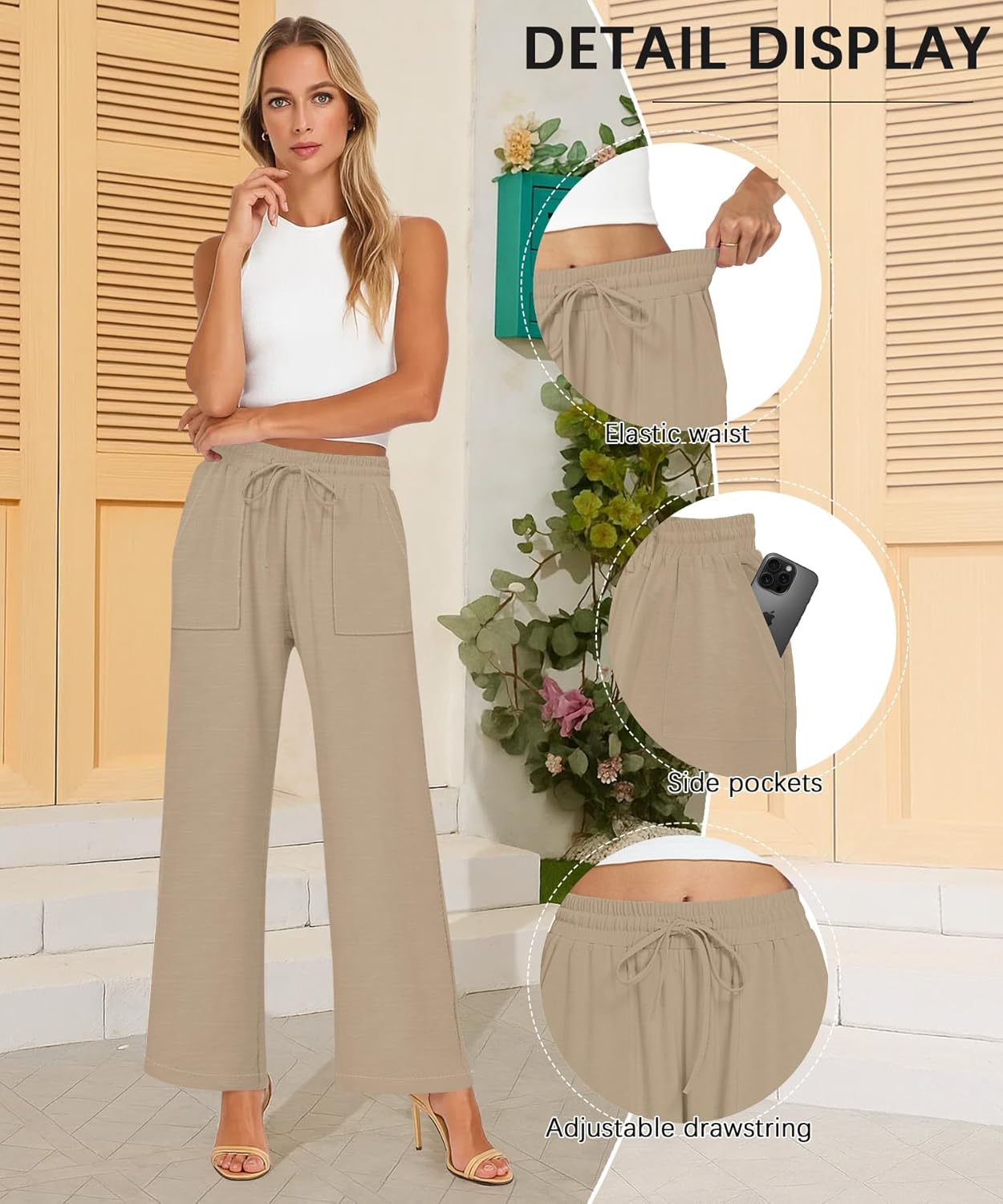 NILOUFO Women Wide Leg Pants Drawstring Elastic High Waisted Palazzo Casual Trousers with Pockets Lounge Comfy - Image 4