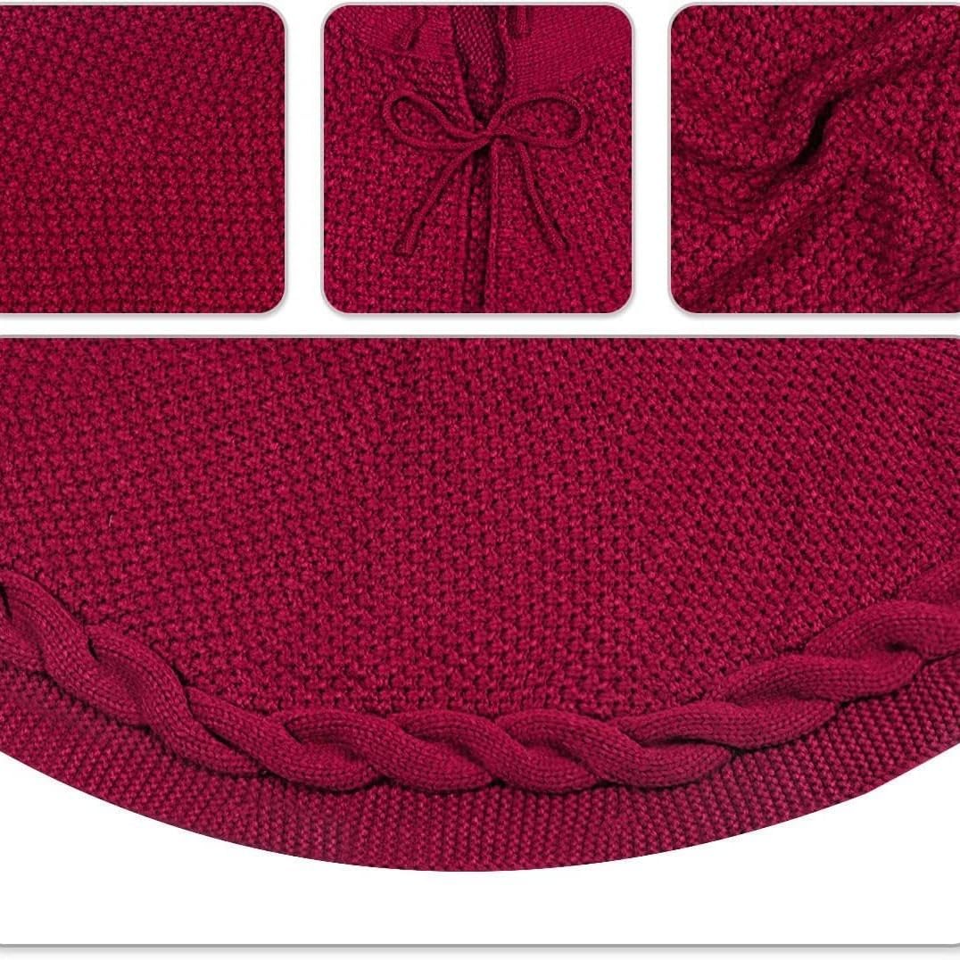48 Inch Dark Red Knitted Christmas Maroon Tree Skirt， Large Xmas Tree Skirts Round Base Skirt for Christmas Tree Decorations， for 6-8FT Tree Christmas Treer Burgundy Tree Skirt Rug Decorations