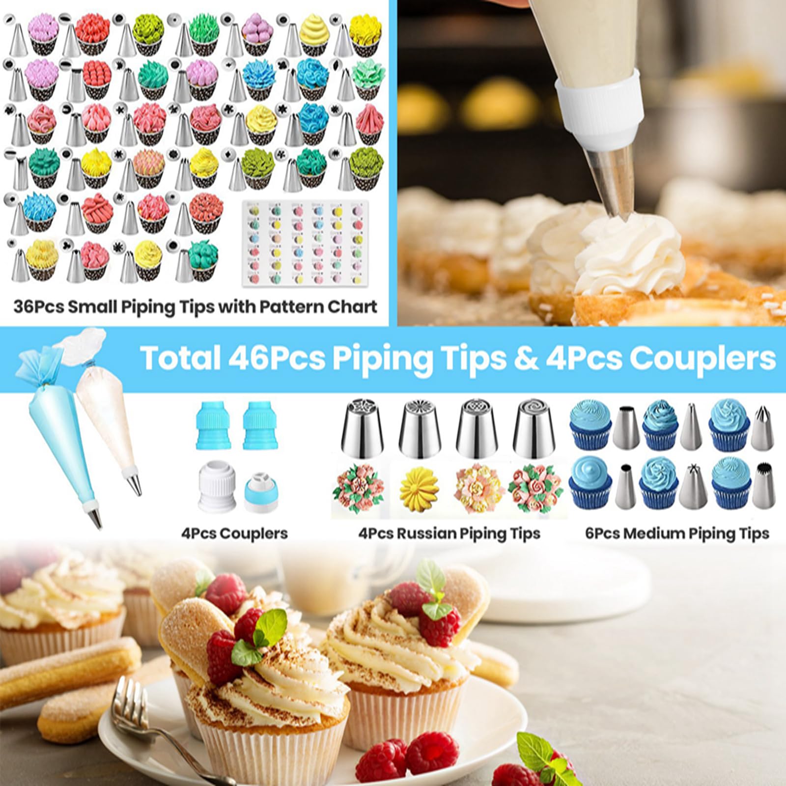 KOCASO 236-teiliges Kuchendekorationsset, Backzubehör, Kuchendekorationszubehör mit Spritztüllen, Kupplungen und Taschen, Ausstechformen und mehr, Backzubehör, Backförmchen, Schaber