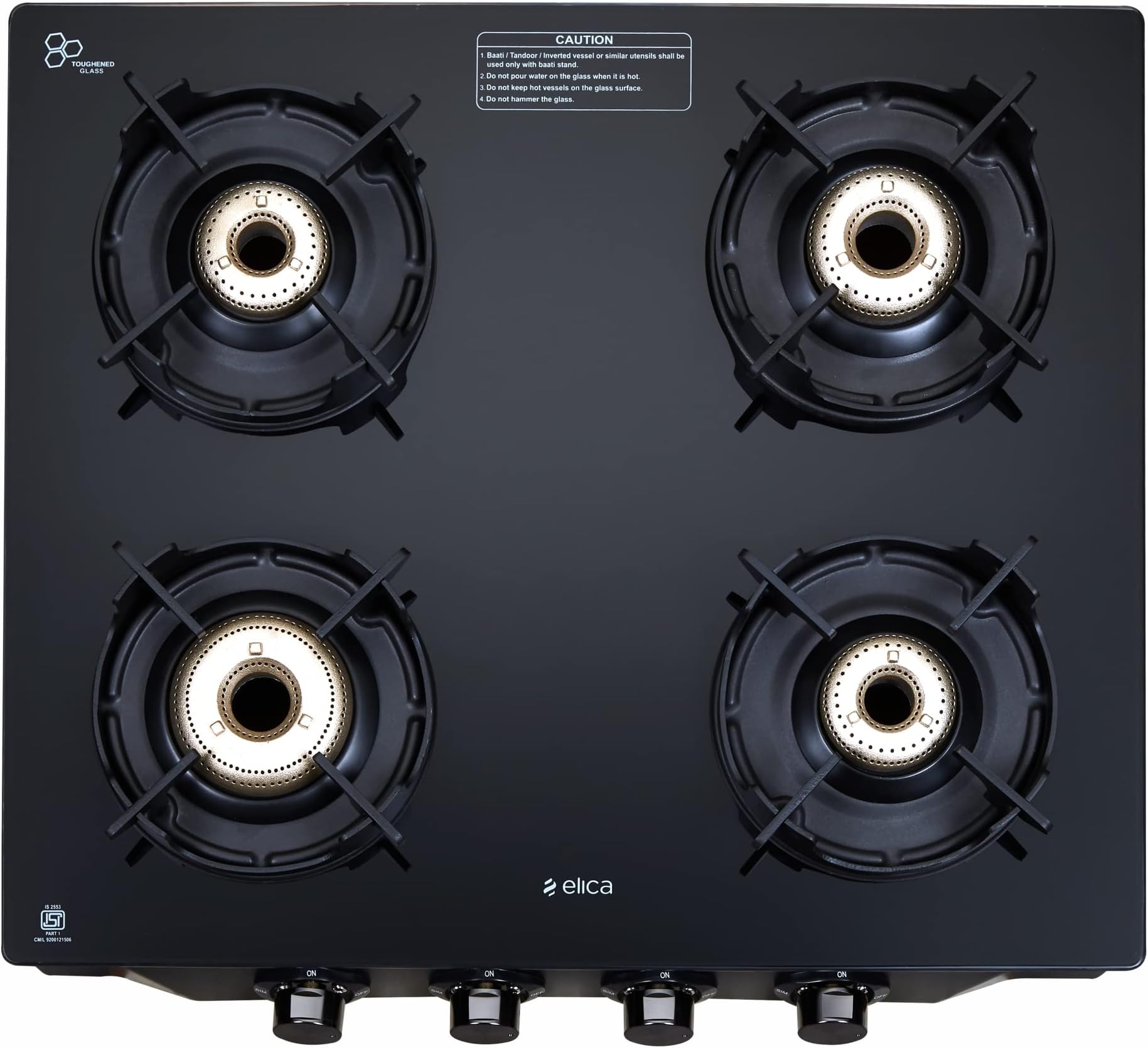 Elica Crest 4 Burner Gas Stove with Crown Design Pan Support and Forged Brass Burners (CREST 460 J NERO), Black