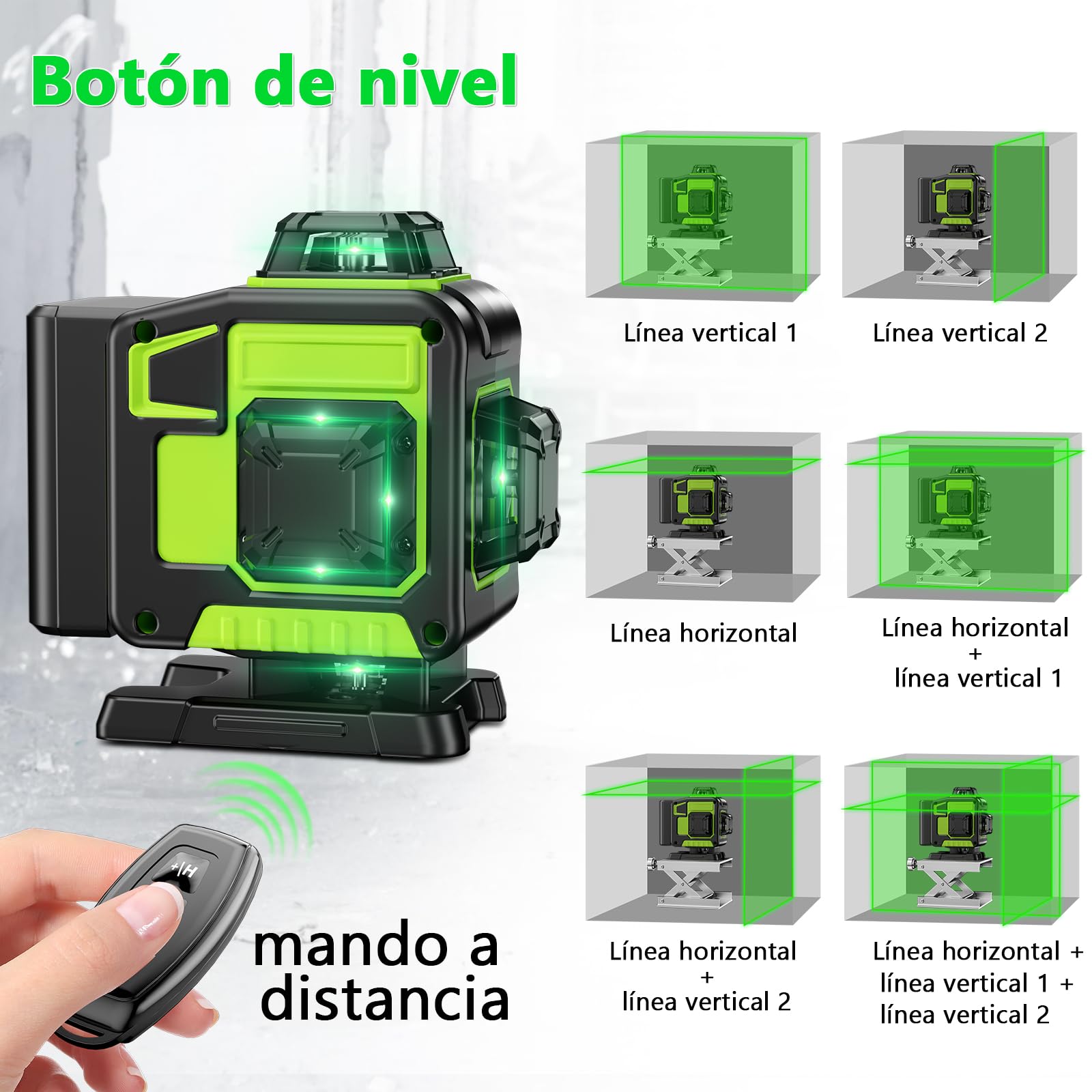 Nivel Laser Autonivelante 360 Grados, Nivel Láser Verde 16 Líneas, 2 x 360 Horizontal y 2 x 360 Verticales, 2 x Batería, Montaje en Pared, Control Remoto, Base Magnética, Soporte Giratorio, Trípode