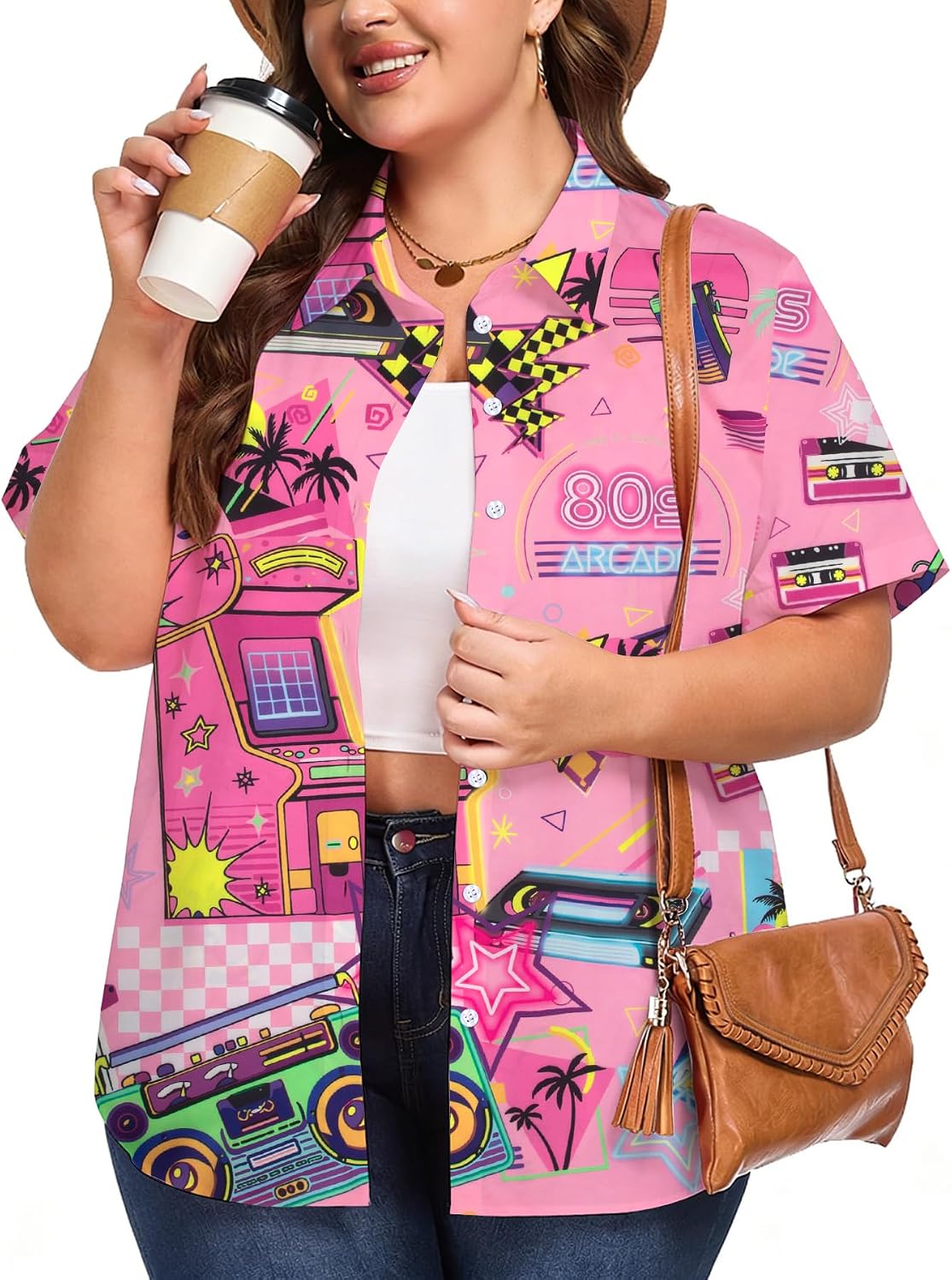 NANYUAYA Plus Size 80s Outfits for Women Theme Party Disco Shirt 80s Hawaiian T-Shirt 90s Retro Neon Button Down Blouse Tops