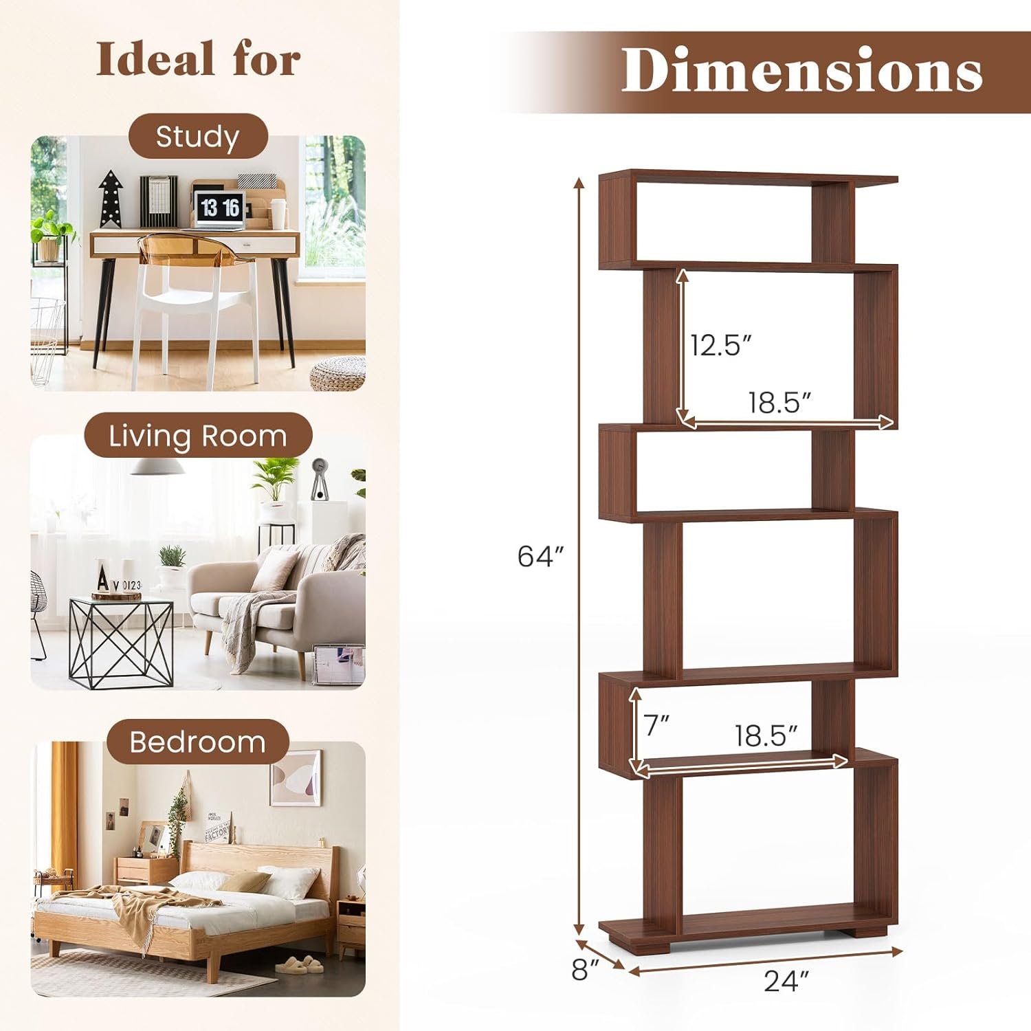 Giantex 6-Tier Geometric Bookshelf, S-Shaped Bookcase with 2 Anti-Tipping Kits, Wooden Display Shelf, Decorative Storage Shelving Unit, Home Storage Organizer for Office Living Room (1, Walnut)