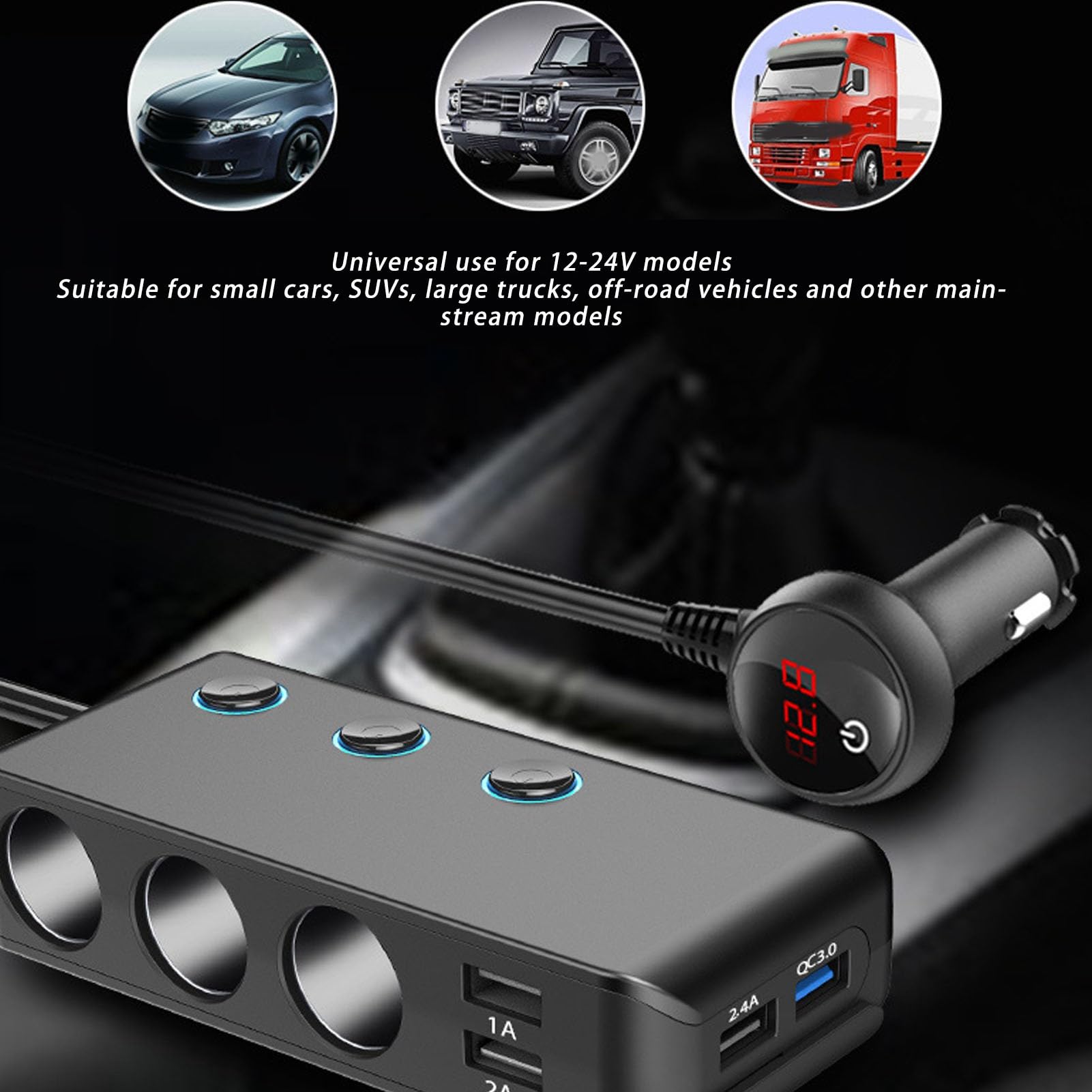 Cryfokt Splitter Presa Accendisigari Multifunzione 3 USB Ricarica Ad Alta velocità per Auto SUV Camion Fusibile 10A