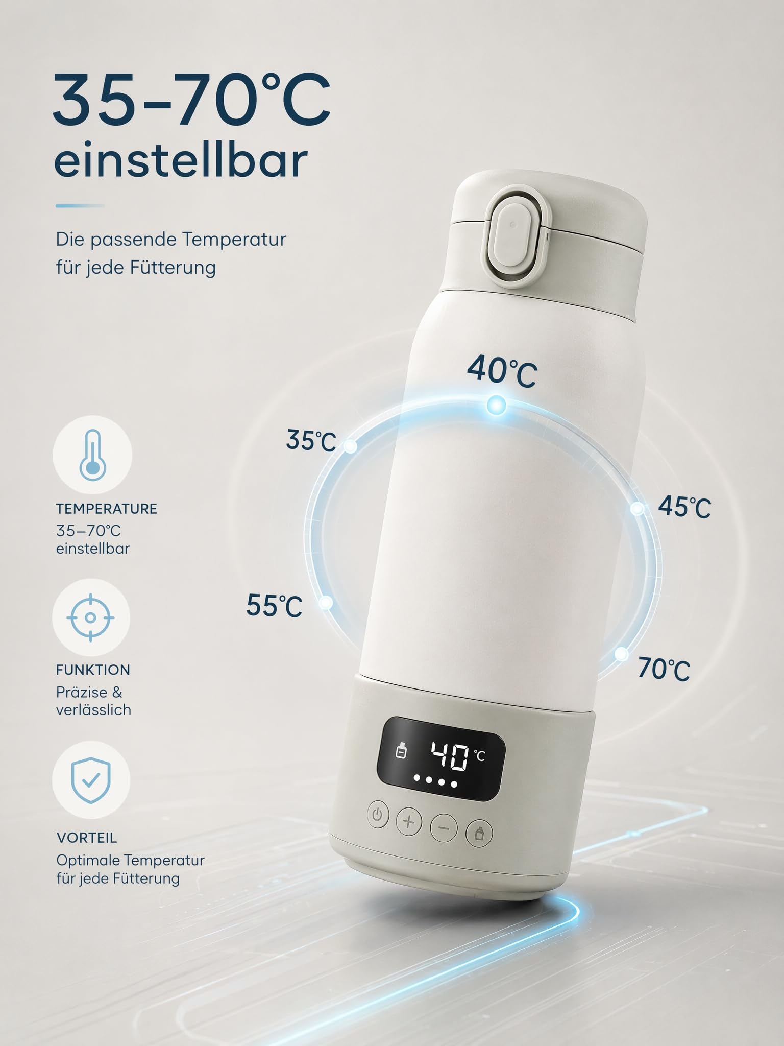 Flaschenwärmer Baby unterwegs mit Akku, tragbar, 500ml für Wasser & Milch | 316 Edelstahl Innenbehälter, präzise Temperaturregelung 35-70°C, 24h Warmhaltefunktion und USB-C Schnellladung