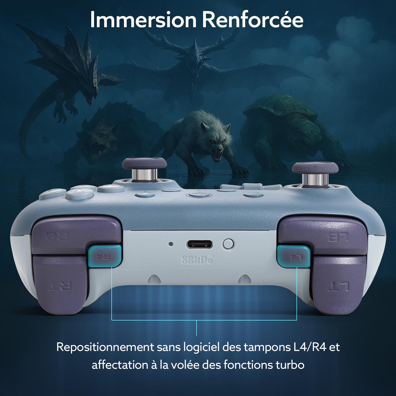 LONGYI 8Bitdo Ultimate 2C Wireless Controller pour Windows PC et Android, Joystick à effet Hall (No Drift), avec 1000Hz Polling Rate, Remappable L4/R4 Bumper et Rumble Vibration (Bleu)