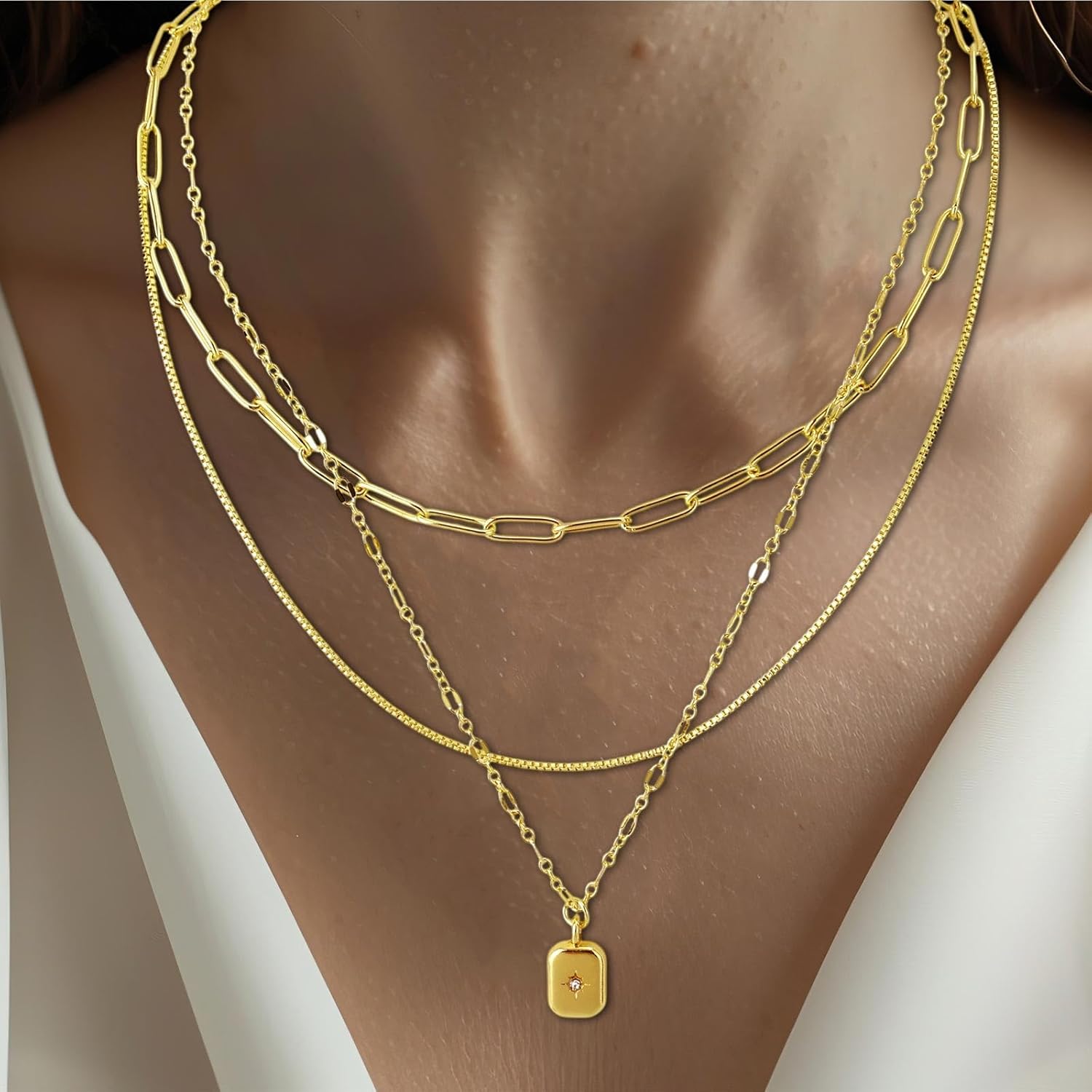 3pcs Stack Gold Necklaces for Women, Copper Stackable Pendant Necklace Chain Set Trendy Gold Jewelry Set for Women - Image 5