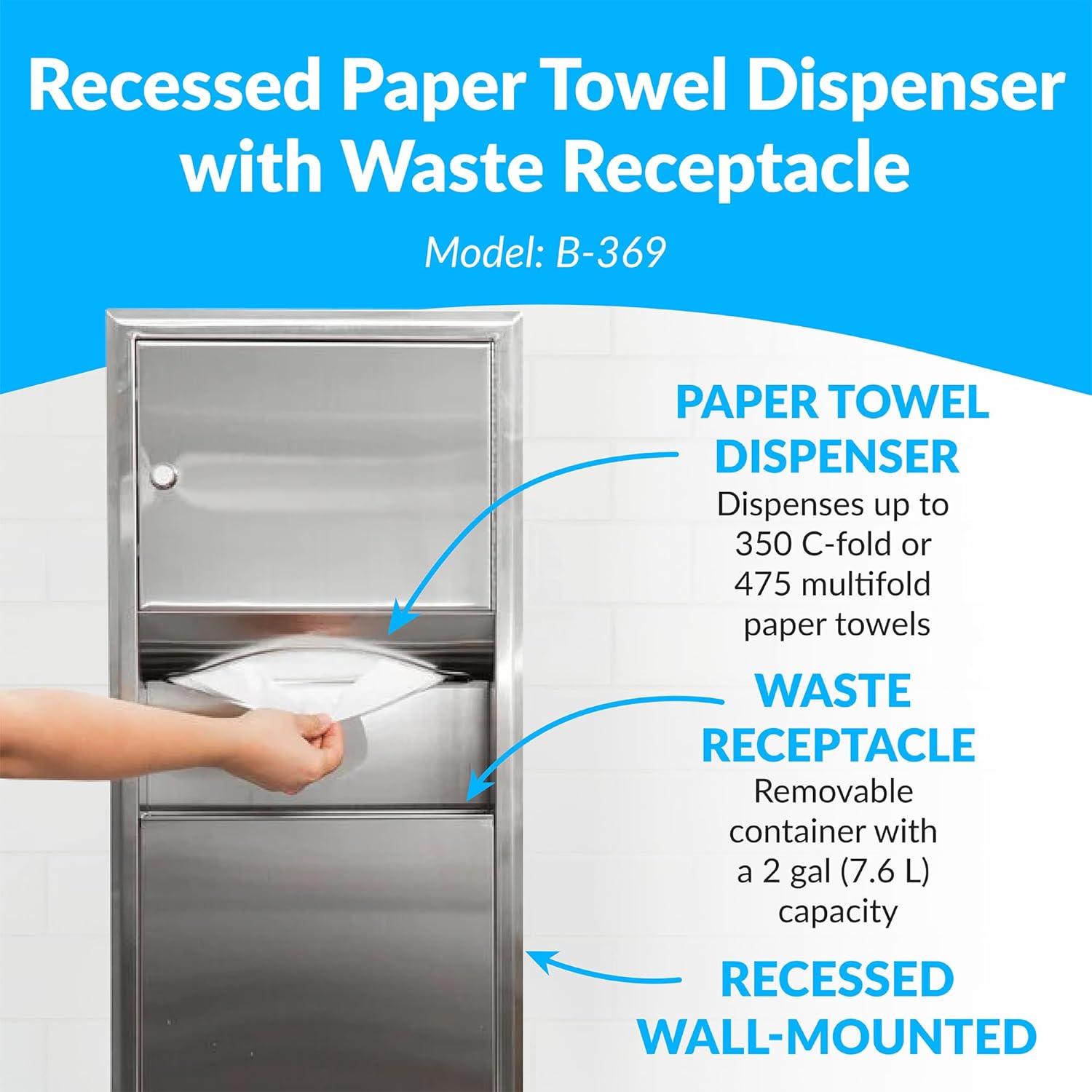 BOBRICK 369 ClassicSeries Stainless Steel Recessed Paper Towel Dispenser with 2-Gallon Waste Receptacle, 28" Height, 14" Width, Satin Finish