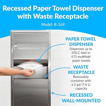 BOBRICK 369 ClassicSeries Stainless Steel Recessed Paper Towel Dispenser with 2-Gallon Waste Receptacle, 28 Height, 14 Width, Satin Finish