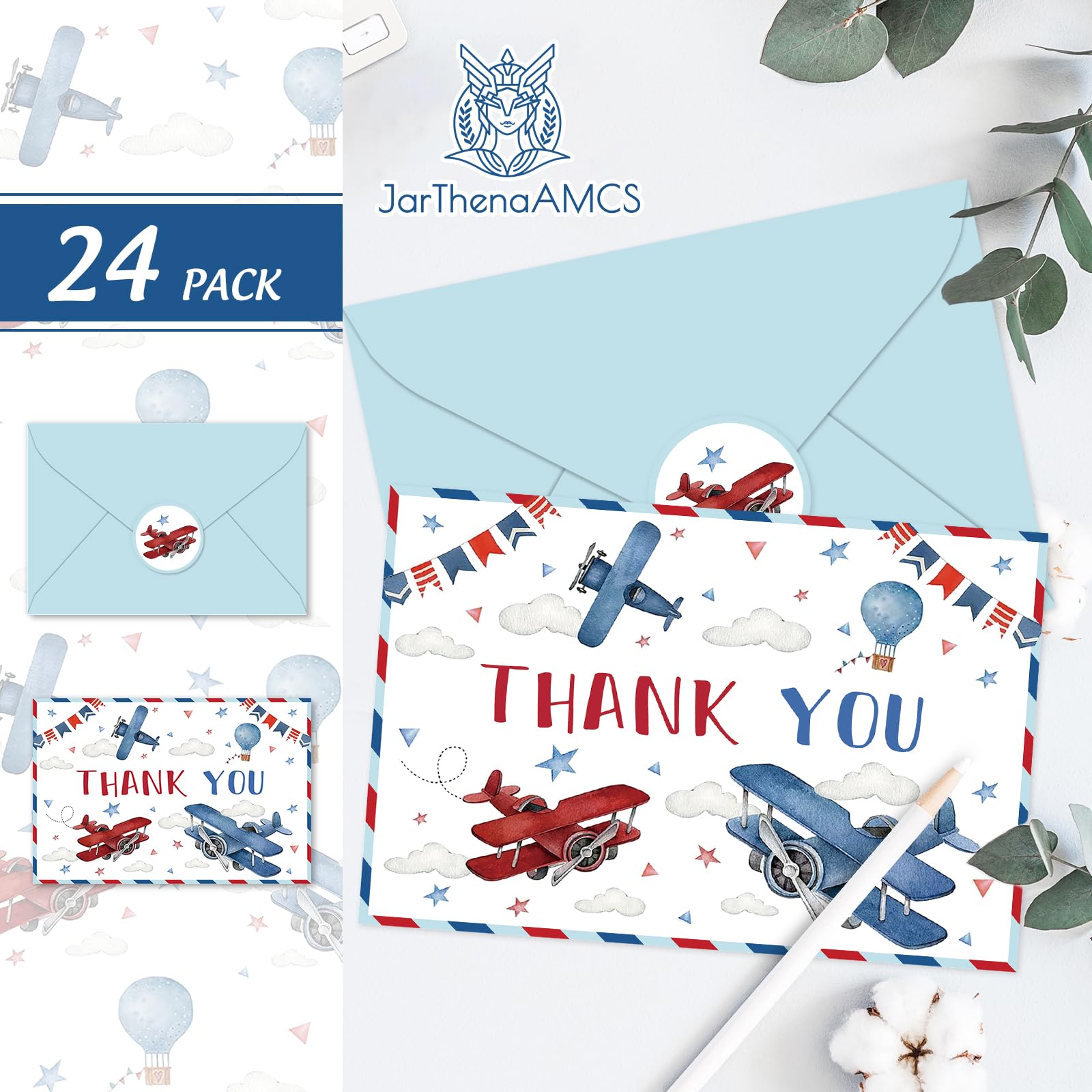 JarThenaAMCS Paquete de 24 tarjetas de agradecimiento de viaje en avión con sobres, calcomanías, tarjeta de notas en blanco para cumpleaños, baby shower, suministros de fiesta
