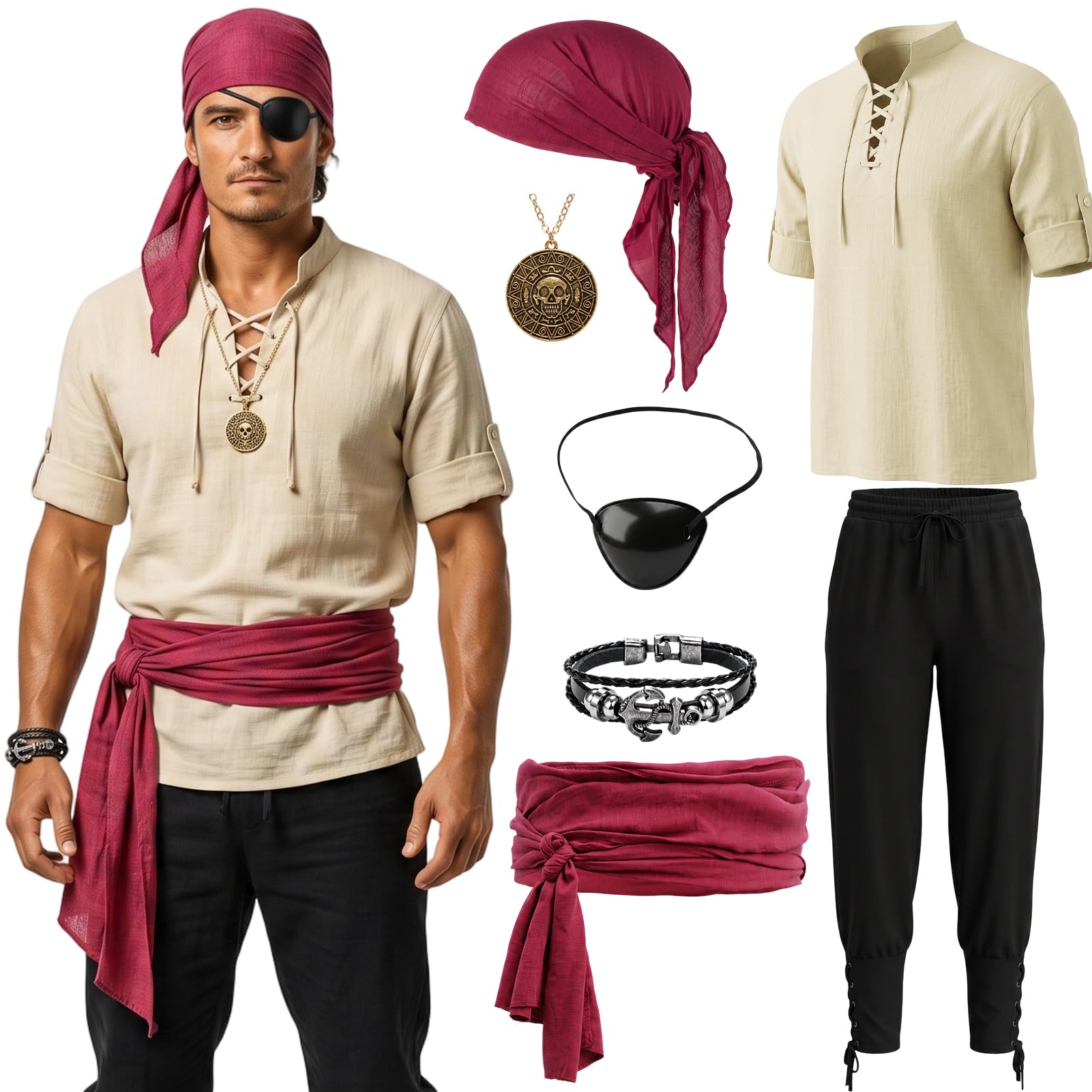 7-teiliges Piratenkostüm, Halloween-Kostüm, Herren, Piratenkostüm, Erwachsenen-Kostüm, Halloween-Kostüme für Karneval, Cosplay-Partys