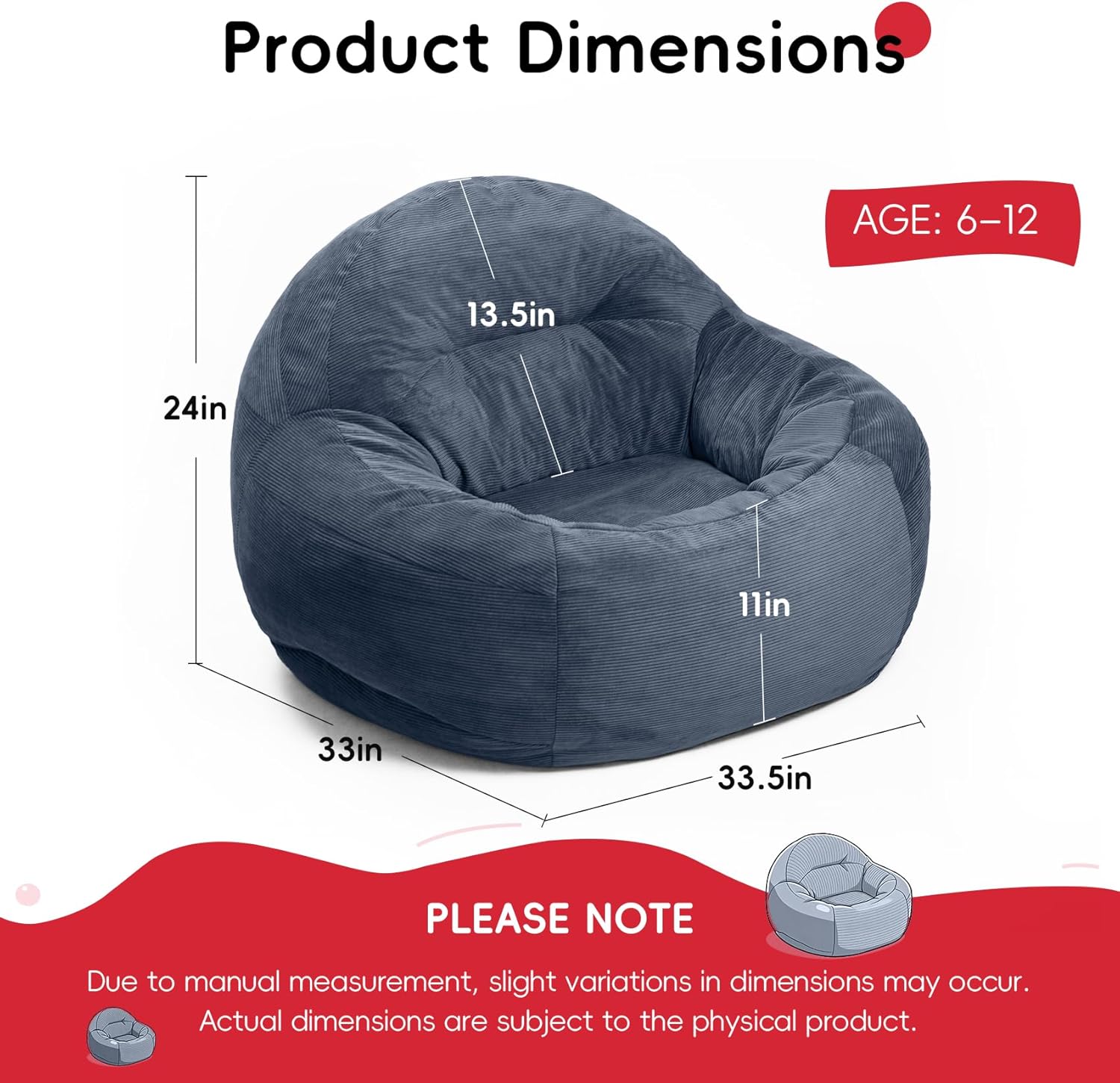 3 Feet Bean Bag Chair, BeanBag Chair for Teens & Youth, Bean Bag Couch with High-Density Foam Filler, Faux Fur Fabric, Living Room, Bedroom, Game Room, Dorm, Office, Blue, 3FT ( 33.5"Dx33"Wx24"H )