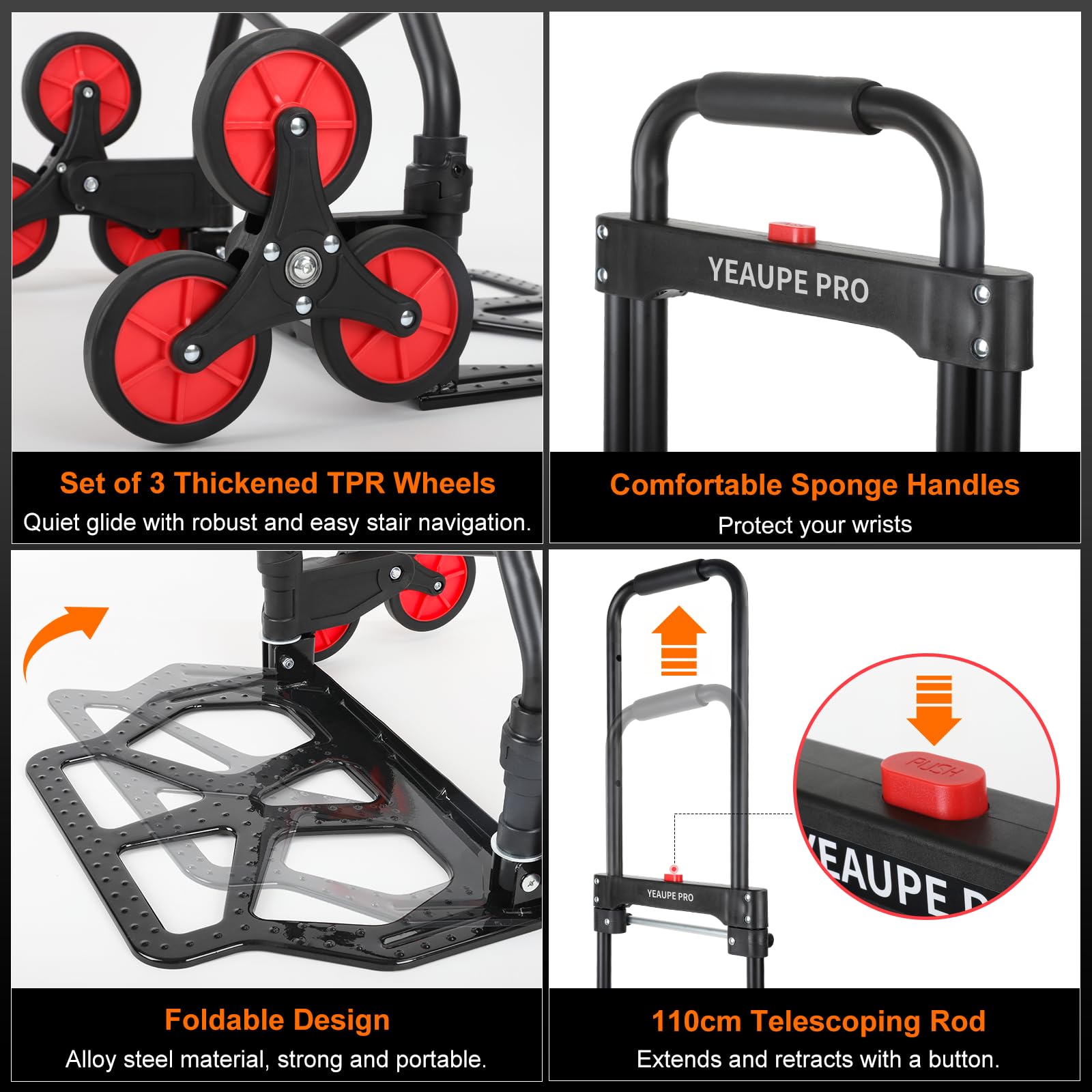 Carretilla Plegable con Ruedas de aleación de Acero, 100 kg, 110 cm, con Cuerda elástica y Cuerda elástica