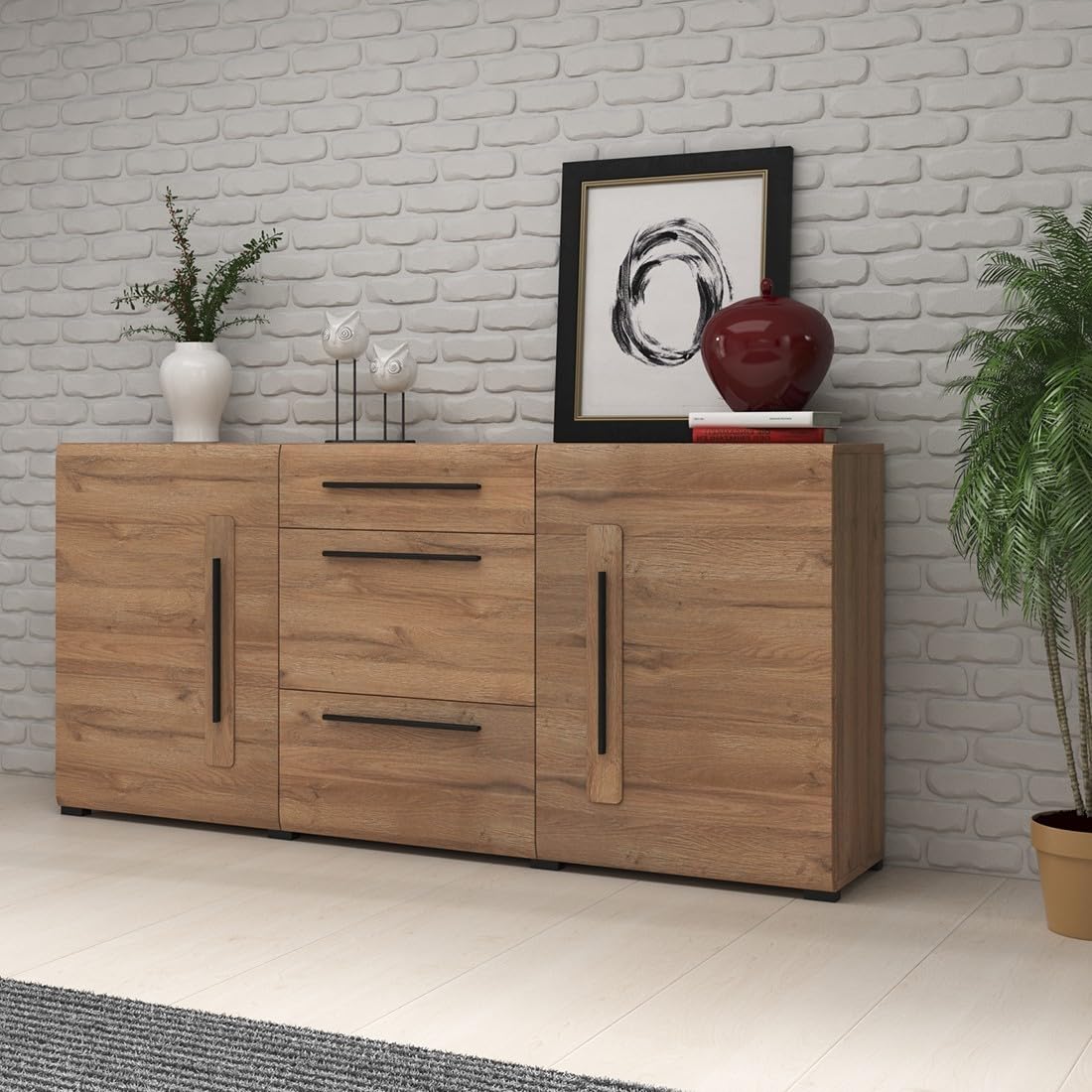 Meublorama Buffet diseño 180cm. Colección Breda Dos Puertas y Tres cajones. Color Roble.