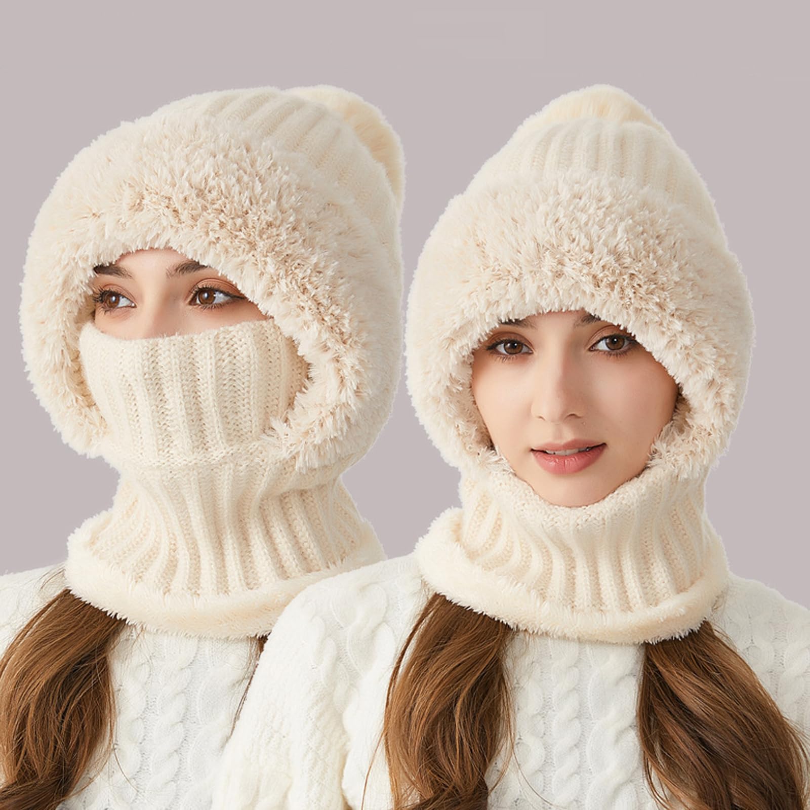 Zaktualizowana wersja Zestaw szalików z dzianiny damskiej, maska narciarska, czapka z polaru dwuwarstwowego z czapkami Bobble Pom Pom,Beige