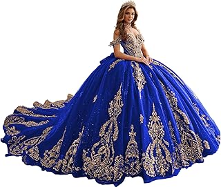 Gold Appliques Quinceanera Dresses with Big Bow Gorgeous XV Dress Puffy Glitter Ball Gown with Train YU018 - Buy now