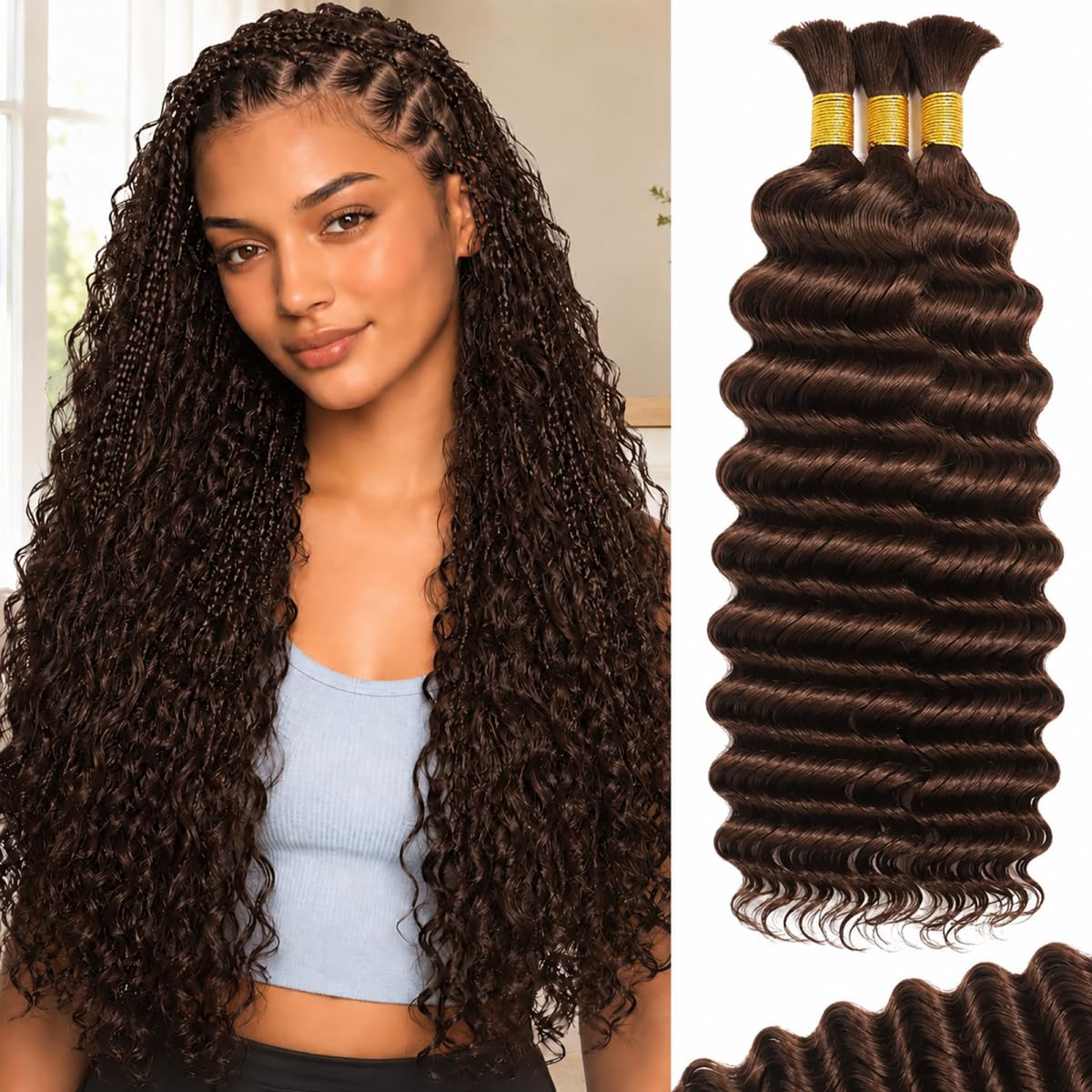 KOYDUIK 16 Inch 100g Deep Wave Boho Hair for Braiding Boho Bulk Hair, Color #4 Chocolate Brown