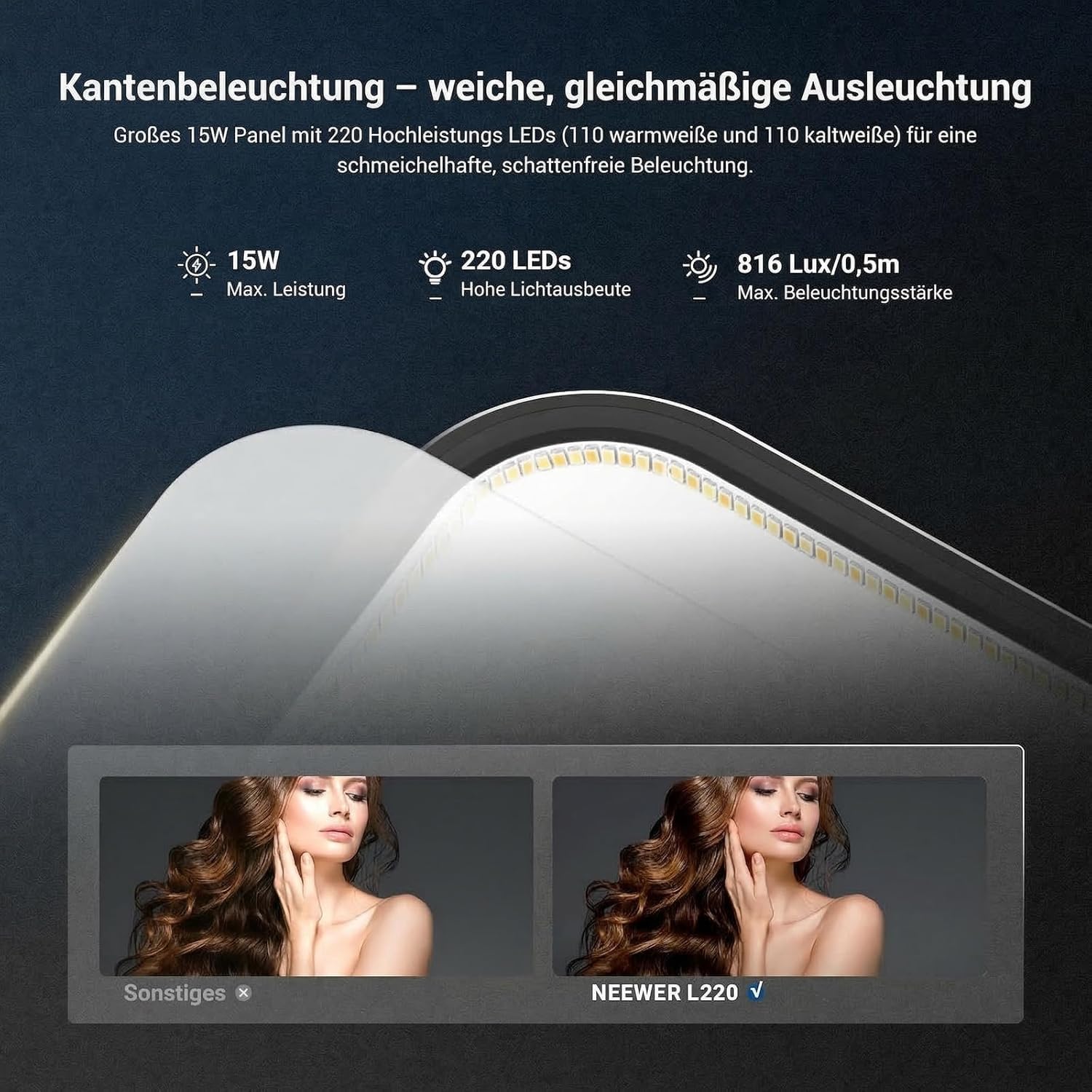 NEEWER Basics 10,8" Videokonferenz Licht mit Tischklemme, 15W, zweifarbig, randbeleuchtet, dimmbar, CRI95+ für Videoaufnahmen, Computer, Laptop, Zoom Anrufe, L220