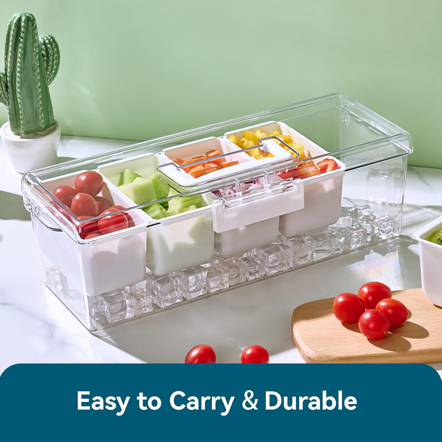 Chilled Condiment Caddy Server with 5 Removable Compartments Containers & Hidden Handle Design, Ice Chilled Condiment Tray Organizer, Clear Garnish Tray for Camping, Kitchen, Fruit, Salad - Image 9