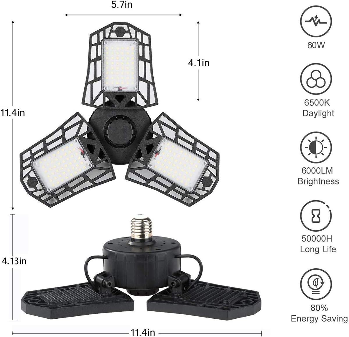 LED Garage Light - 6000 Lumen 6500K Daylight 60W, Three Leaf Led Garage Ceiling Lights