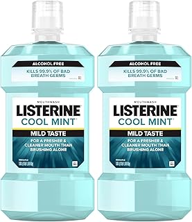 Listerine Alcohol-Free Mouthwash, Non Alcoholic Mint Oral Rinse Kills 99.9% of Germs That Cause Bad Breath for a Fresh Breath & Clean Mouth, Less Intense Taste, Cool Mint Flavor, 1 L (Pack of 2)