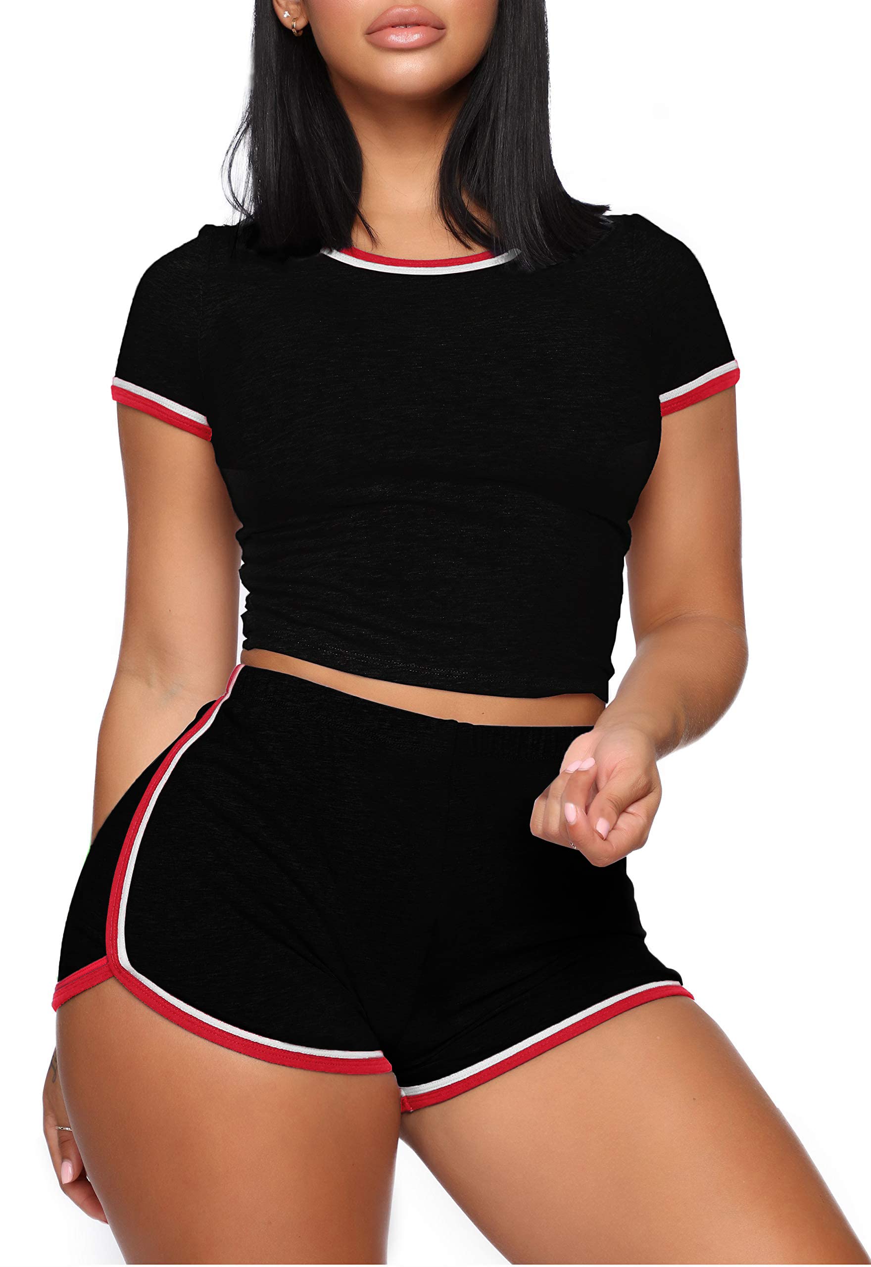 Nimsruc2 Piece Outfits for Women Sexy Summer Biker Shorts Sets Casual Short Sleeve Bodycon Active Wear Matching Tracksuits Black M