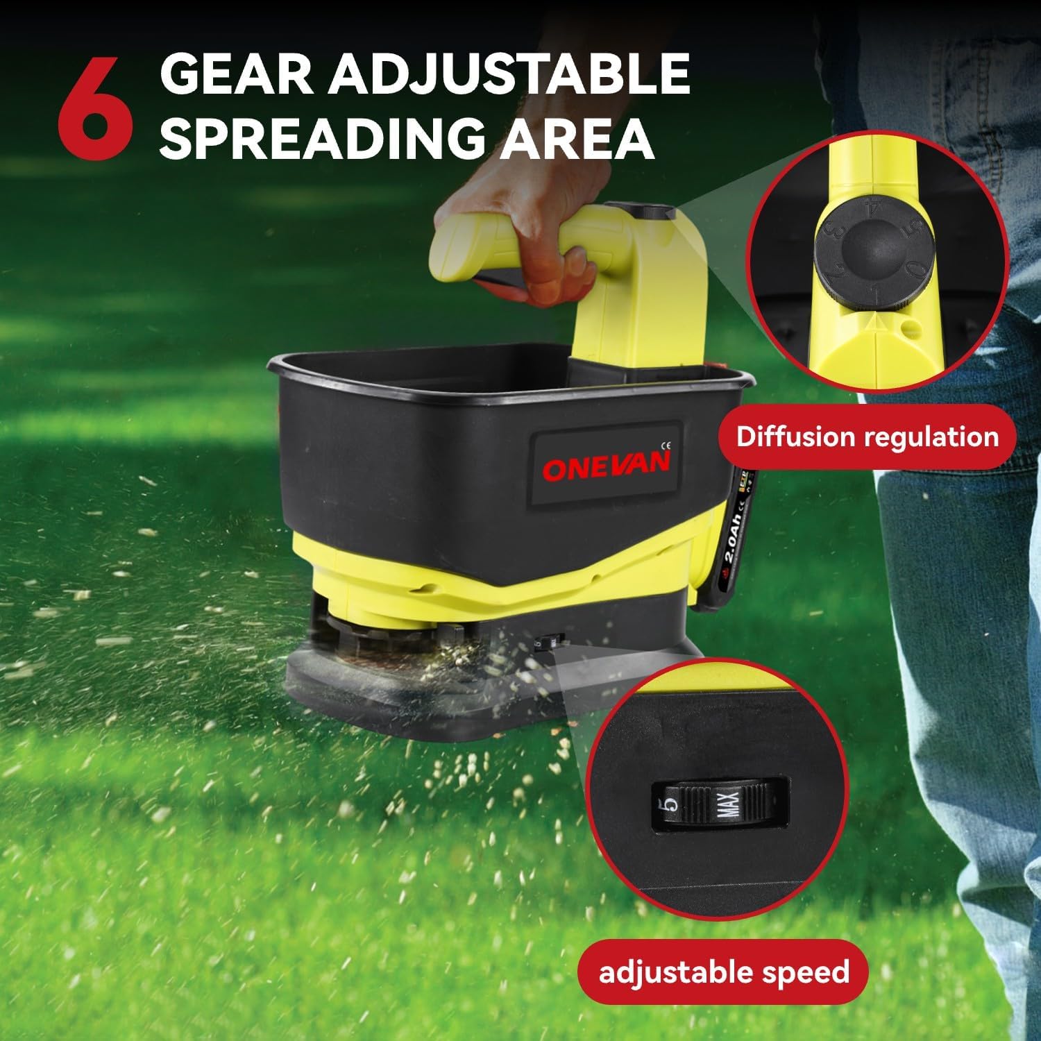 Close-up of the ONEVAN seed spreader showing the 6-gear adjustable spreading area and adjustable speed switch.