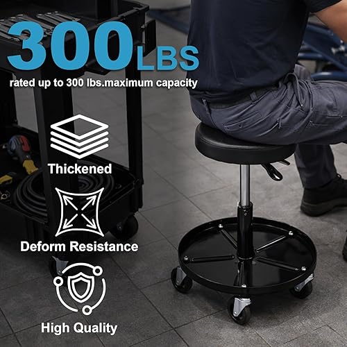 Miniatura 2 de Aain LT2A Asiento de rodillo mecánico resistente ajustable Asiento rodante ajustable con ruedas y bandeja de herramientas Negro