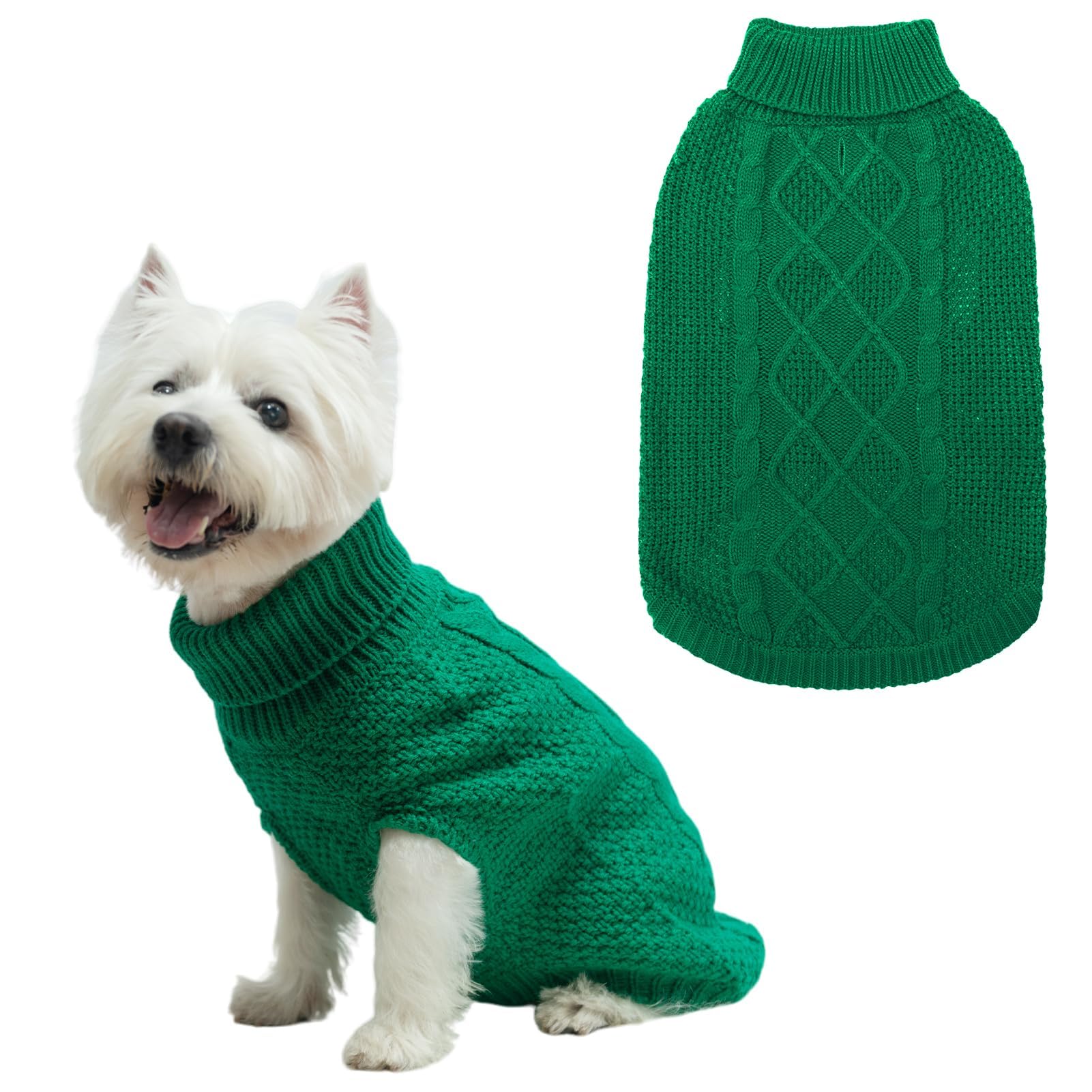 Mihachi Turtleneck Dog Sweater - Winter Coat Apparel Classic Cable Knit Clothes with Leash Hole for Cold Weather, Ideal Gift for Pet in New Year Green X-Small
