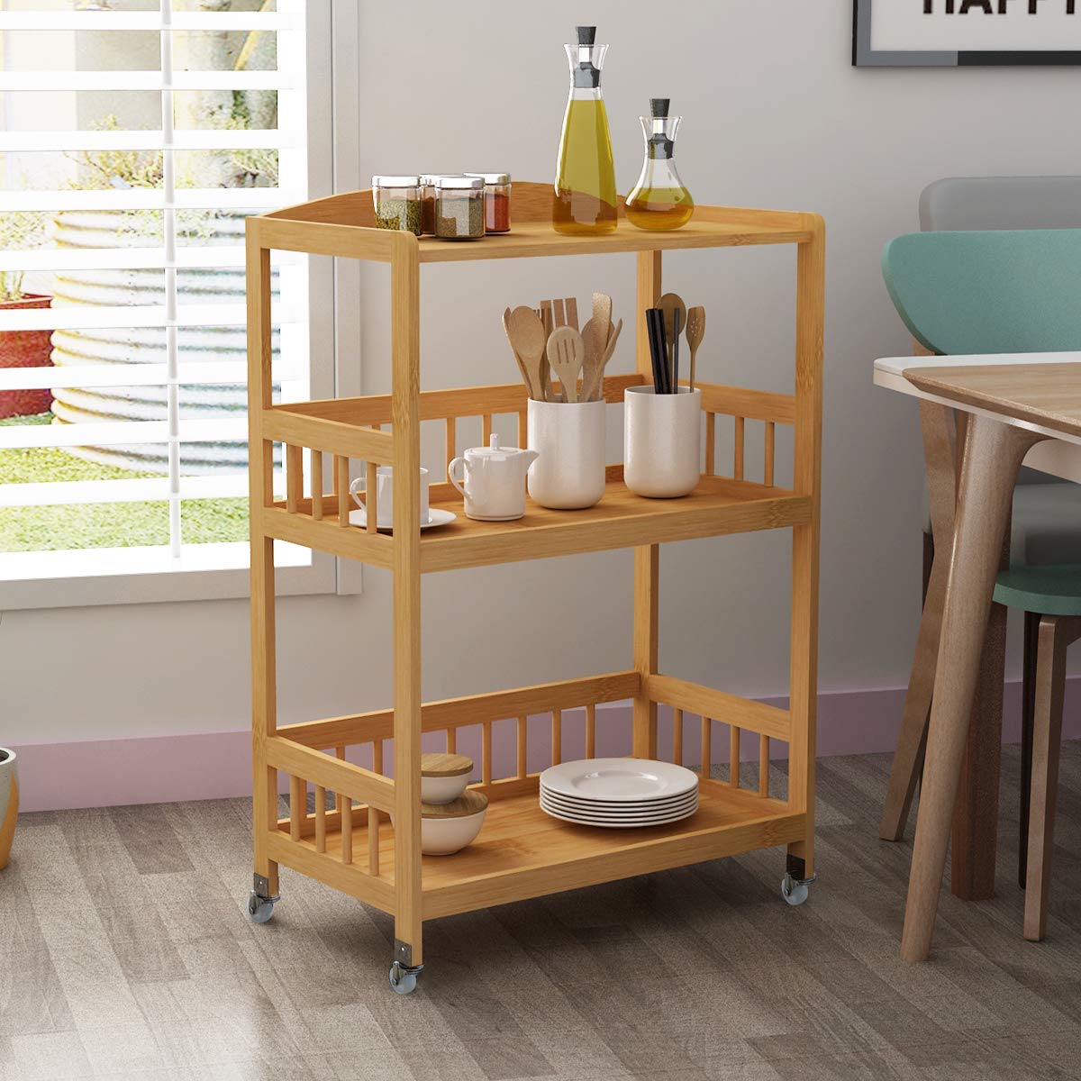 soges Carrelli da Portata, Carrello di Servizio Portavivande Cucina, Carrello Cucina Bambù, Con Route, Salvaspazio, Facile da Montare, Tre Strati per Cucina e Soggiorno