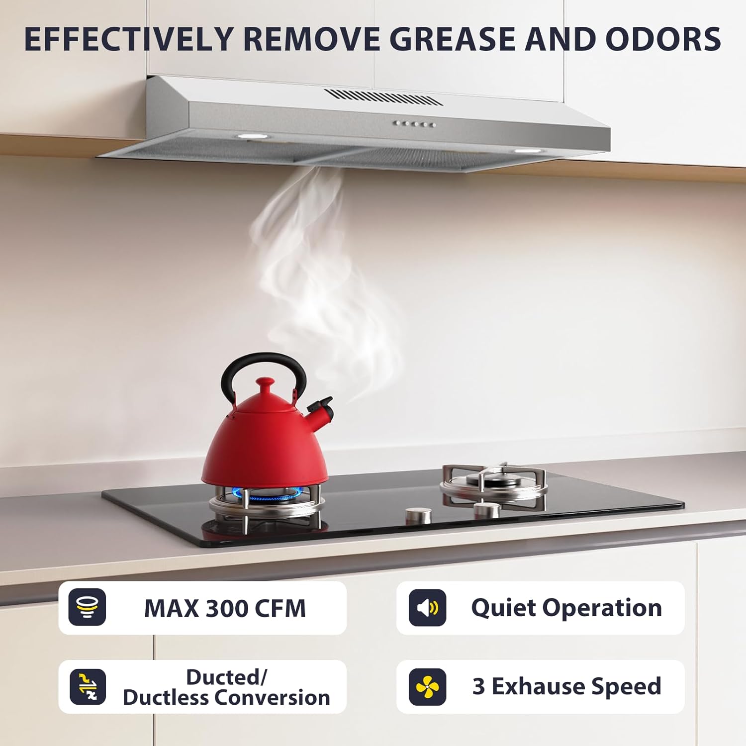 30 Inch Range Hood Under Cabinet Oven Vent Hood, Ducted/Ductless Convertible Kitchen Extractor, Stainless Steel Stove Exhaust Fan, Charcoal Filter and Exhaust Pipe Included