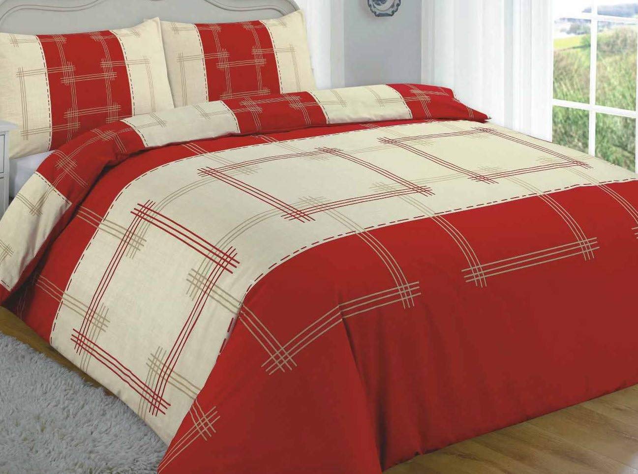 Lifestyle Production CAMPUS Checked LINEAR Reversible Duvet Cover Sets Bedding Pillow Cases Single, Double, King, Super King (Double, Red)