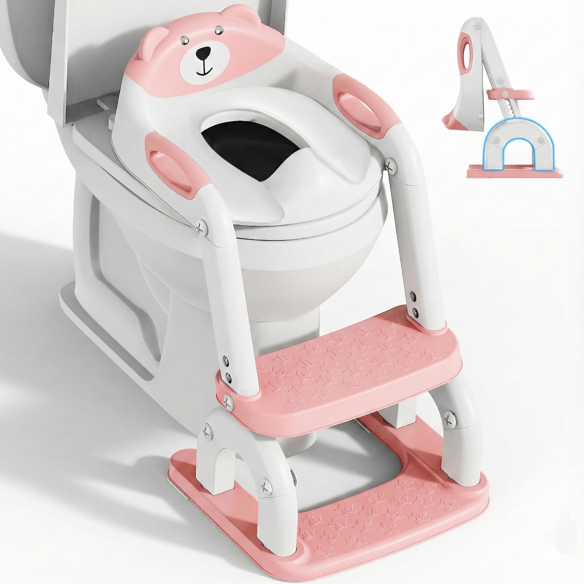 Sedile WC per bambini con scale, accessorio per WC aggiornato, per bambini e bambine, 2 in 1, con scale, regolabile in altezza, comodi sedili per WC sicuri, poggiapiedi per bambini (Rosa)