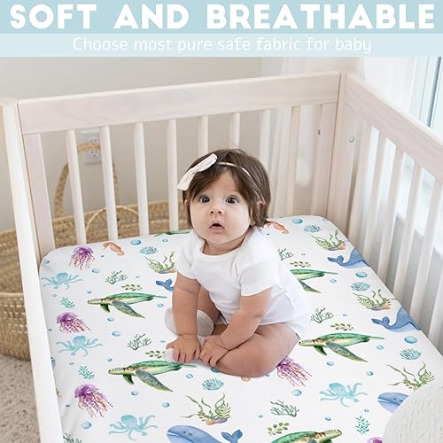 Miniatura 8 de Lindas sábanas para cuna de bebé, 52 x 28 pulgadas, tortuga oceánica, medusa, caballo marino, malas hierbas, funda de colchón para cuna de niño y