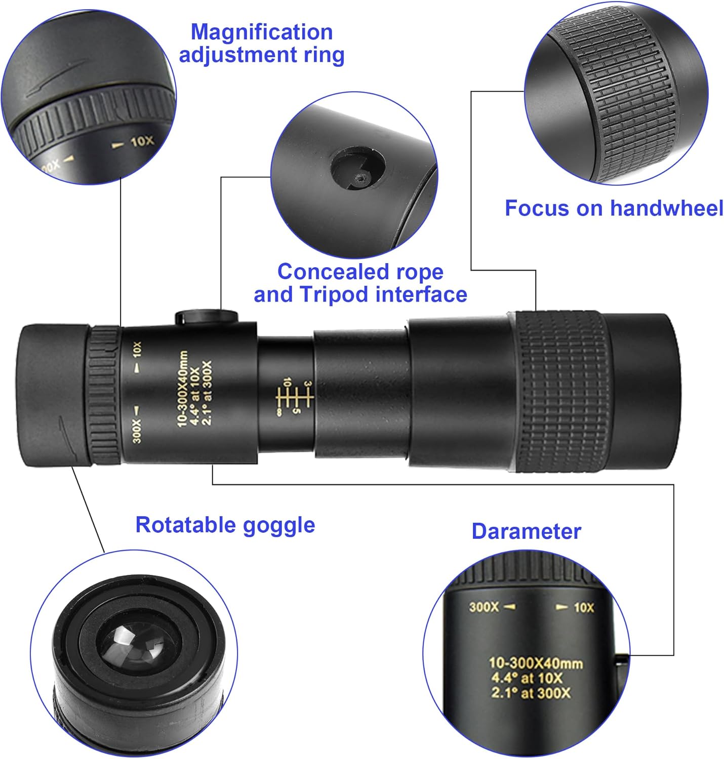 10-300x40 Military Telescope - Monoculars for Adults High Powered, Compact Monocular Telescope for Hunting, Star Gazing, Bird Watching, Travel (Smartphone Adapter & Tripod Include) - Image 5