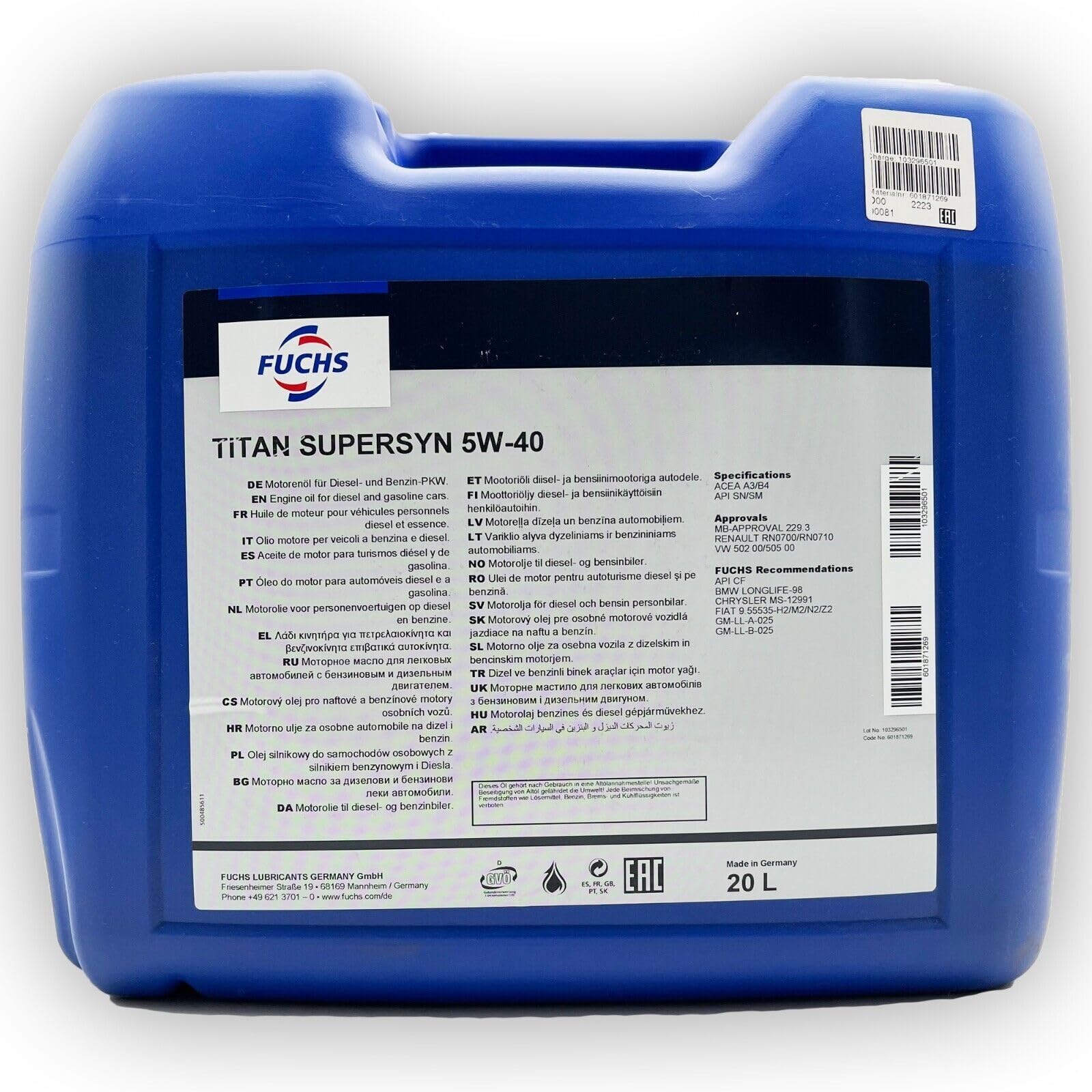 20 L Fuchs SuperSyn 5W40 kompatibel mit | VW502.00| VW505.00 | MB229.3 | RN0700 | RN0710 | 20 Liter | 5W-40 | ACEA A3/B4 API SN/SM | Motoröl Motorenöl Öl l Herstellerfreigaben und Empfehlungen