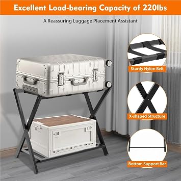 2 Layer Folding Luggage Rack w/Shelf, Suitcase Luggage Rackfor Guest Room, Black for Luggage