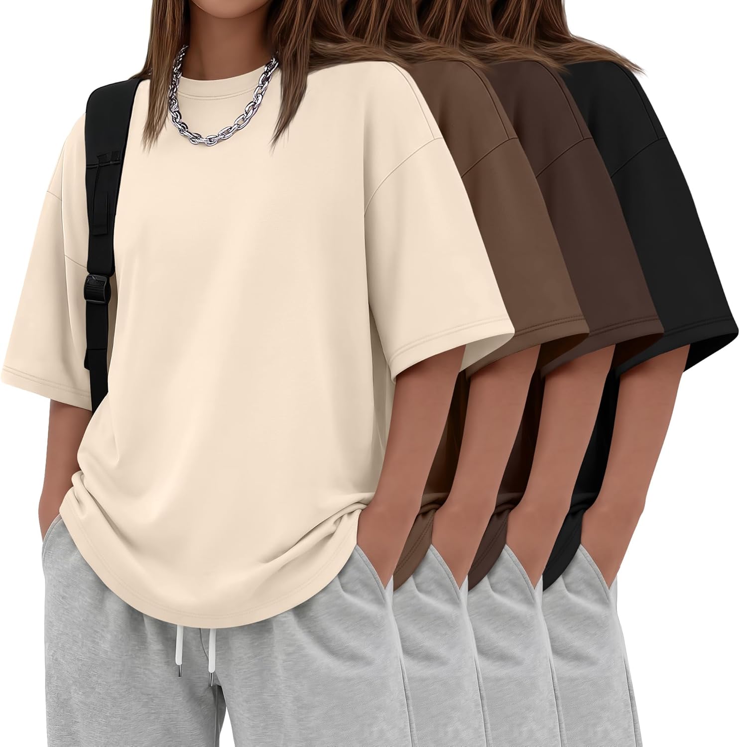 4 Pack Women's Oversized T Shirts 90% Cotton Crewneck Workout Short Sleeve Tops Baggy Loose Summer Basic Tee