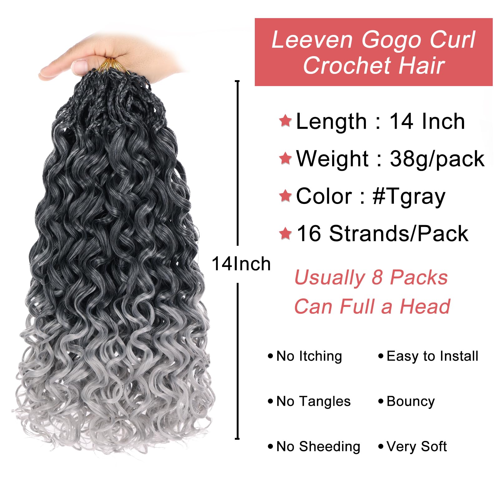 Leeven Gogo Curl Pre-Looped Synthetic Crochet Hair, 8-Pack